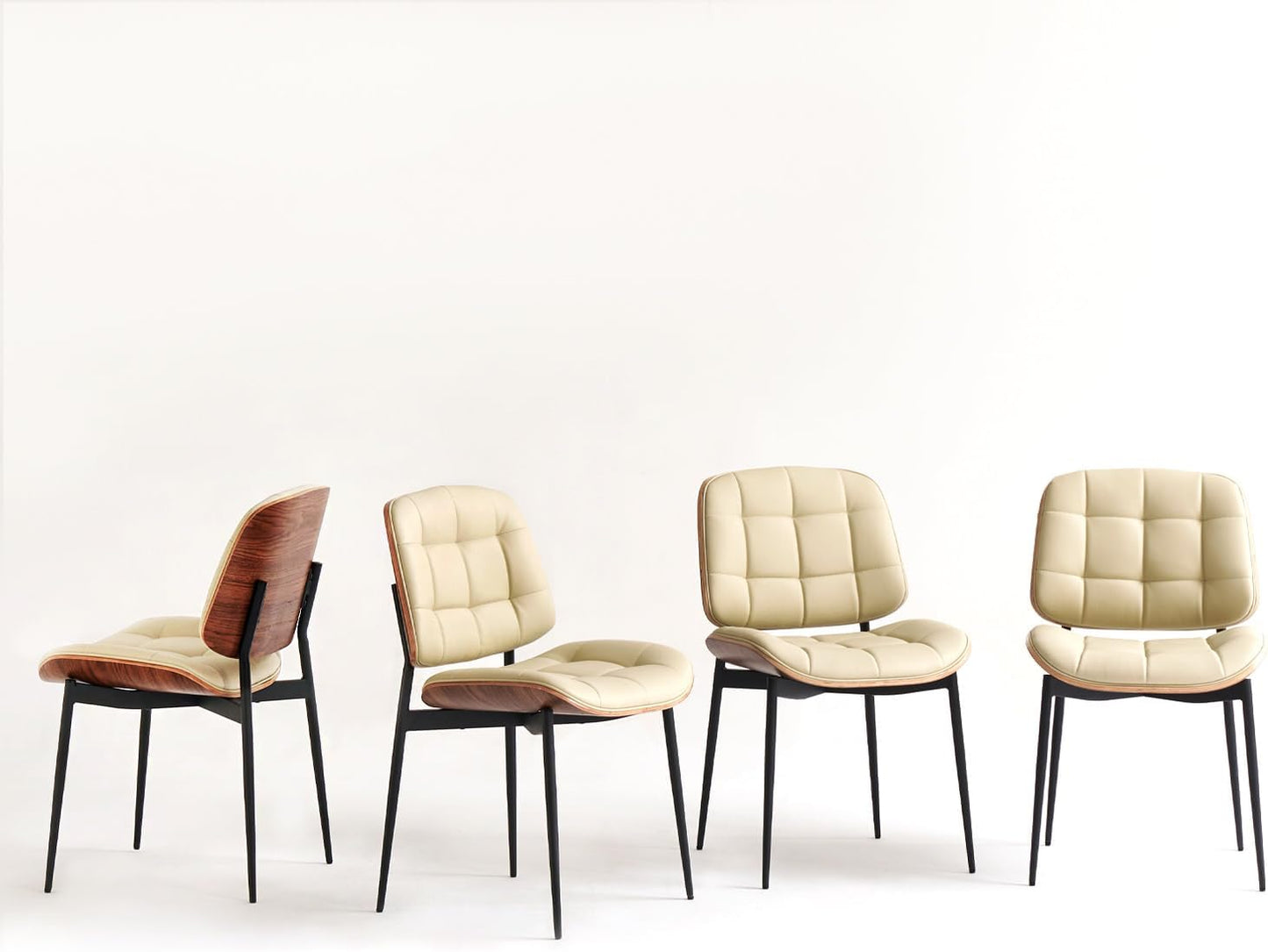 Mid Century Modern Dining Chairs with Walnut Grain Back, Brown Faux Leather Dining Room Chairs Set of 4, Checkered Soft Cushion Kitchen Chairs with Adjustable Foot Pads