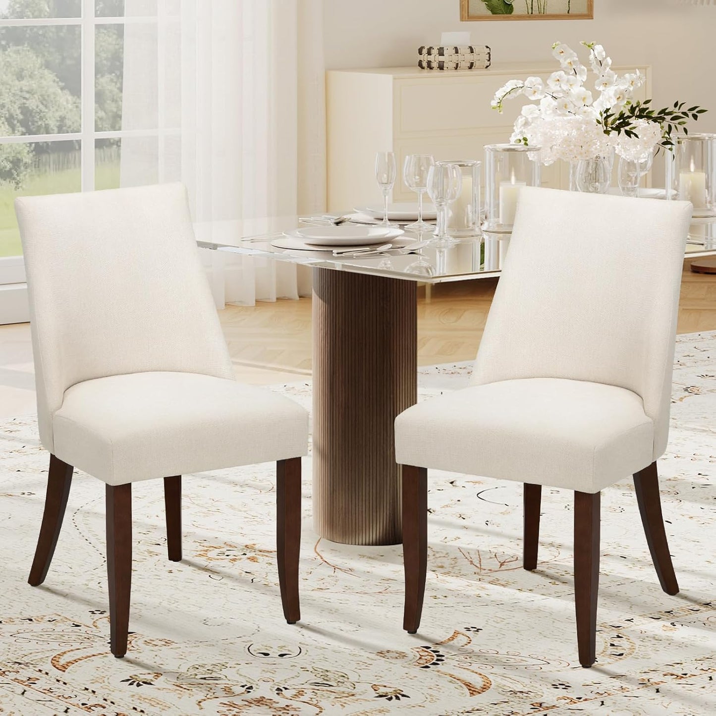 COLAMY Upholstered Dining Chairs Set of 6, Mid Century Modern Kitchen Chairs with Back, Farmhouse Fabric Side Dining Room Chairs with Wood Legs for Dining Room Restaurant, Beige