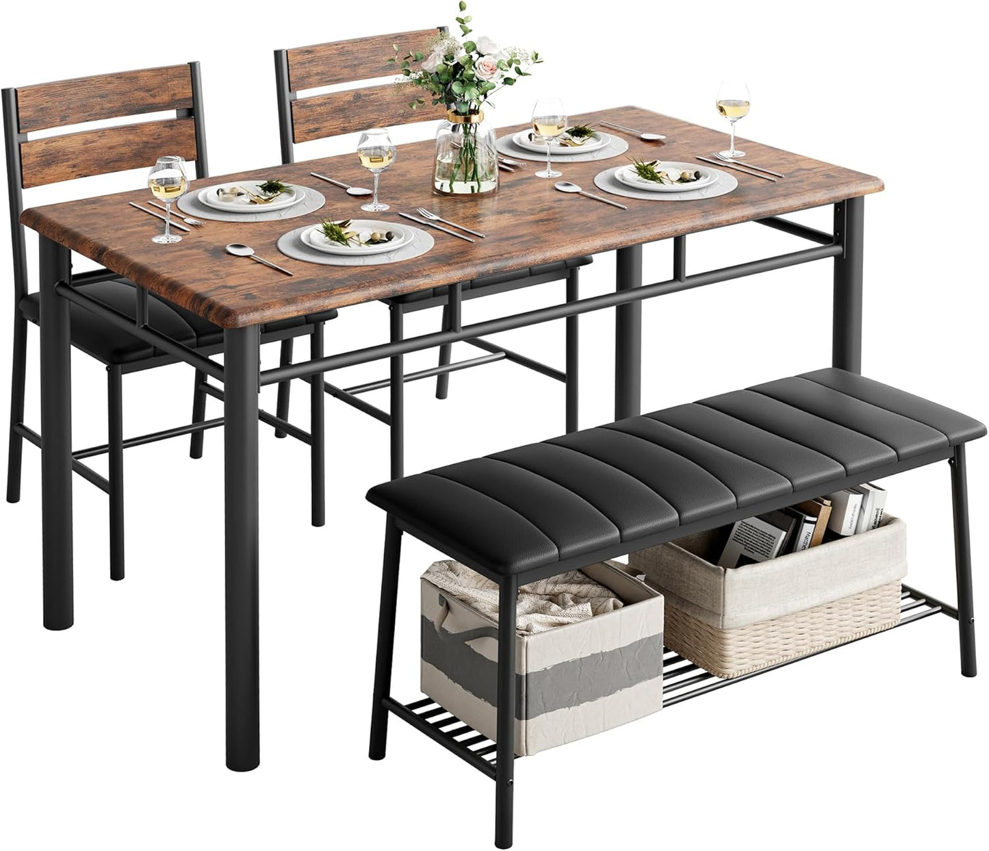 IRONCK Dining Table Set for 4, Kitchen Table with Upholstered Bench and 2 Chairs, Kitchen Table and Chairs Set for Small Space, Apartment, Gray