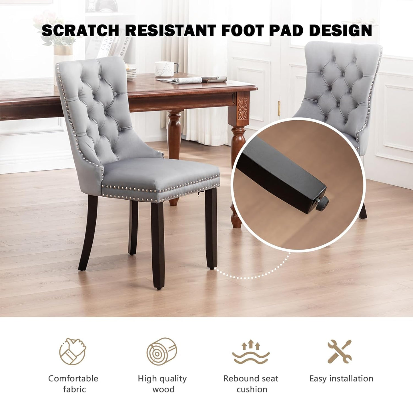 Velvet Dining Chairs Set of 6,Upholstered Dining Chairs with Ring Pull Trim and Button Back,Modern Seating for Kitchen, Bedroom & Living Room(Grey)