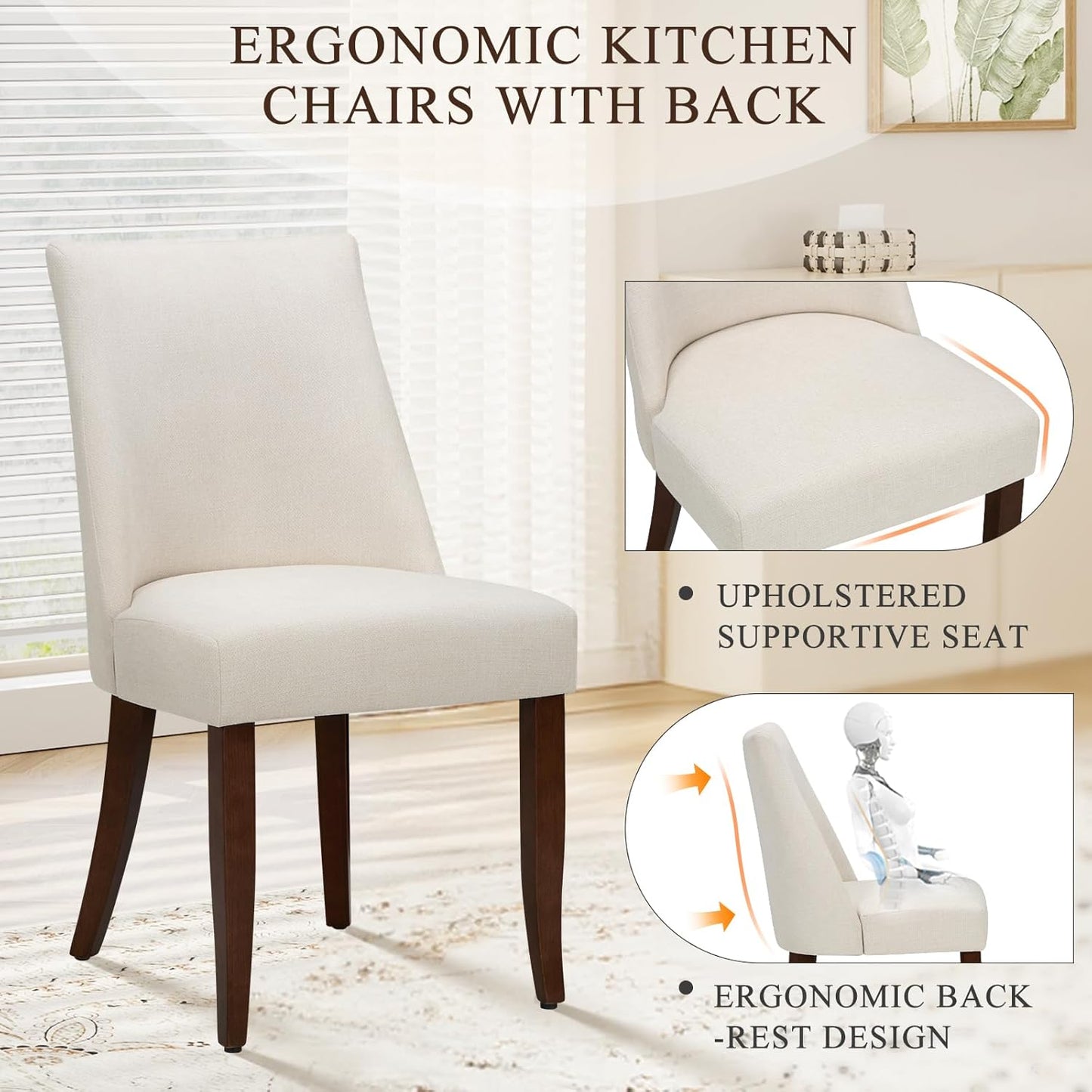 COLAMY Upholstered Dining Chairs Set of 6, Mid Century Modern Kitchen Chairs with Back, Farmhouse Fabric Side Dining Room Chairs with Wood Legs for Dining Room Restaurant, Beige