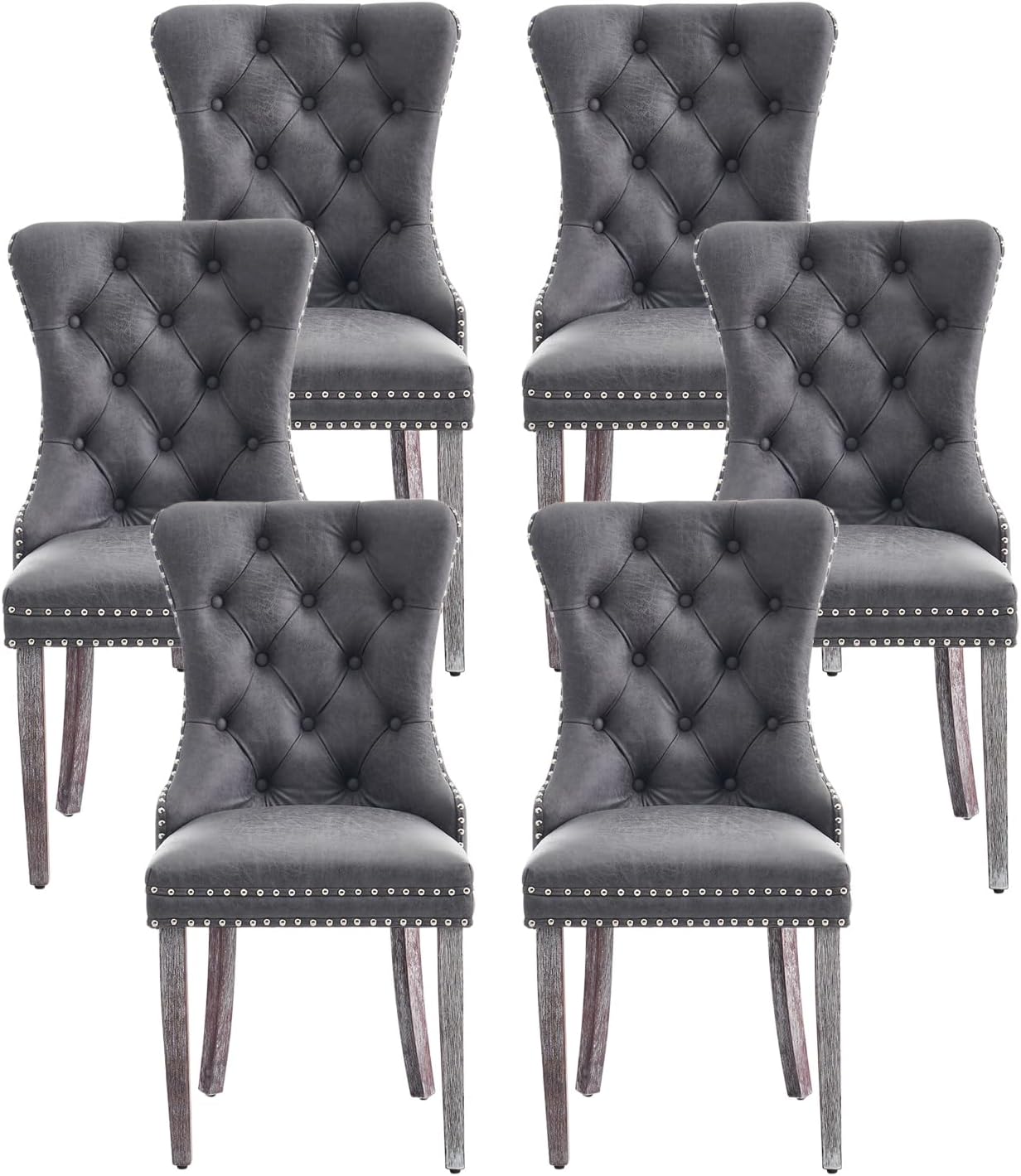 Kiztir Leather Dining Chairs Set of 6, Upholstered Dining Room Chair with Nailhead Trim and Solid Wood Legs, Luxury Wingback Dining Side Chair for Living Room, Bedroom, Kitchen (Beige)