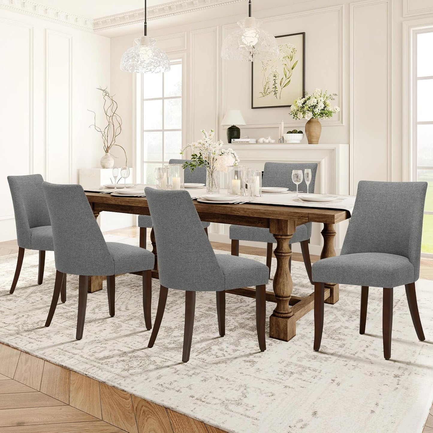 COLAMY Upholstered Dining Chairs Set of 6, Mid Century Modern Kitchen Chairs with Back, Farmhouse Fabric Side Dining Room Chairs with Wood Legs for Dining Room Restaurant, Beige