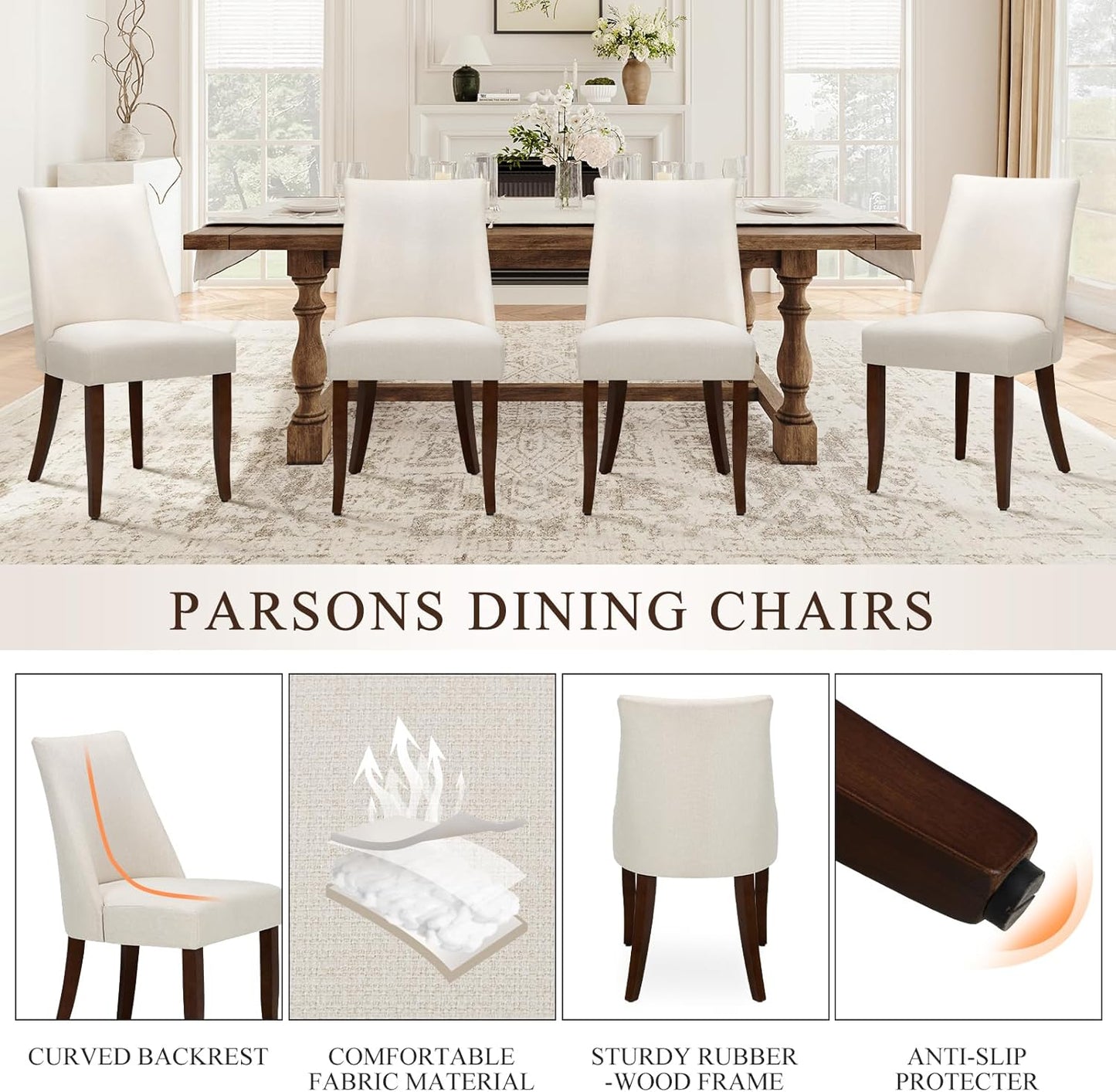 COLAMY Upholstered Dining Chairs Set of 6, Mid Century Modern Kitchen Chairs with Back, Farmhouse Fabric Side Dining Room Chairs with Wood Legs for Dining Room Restaurant, Beige