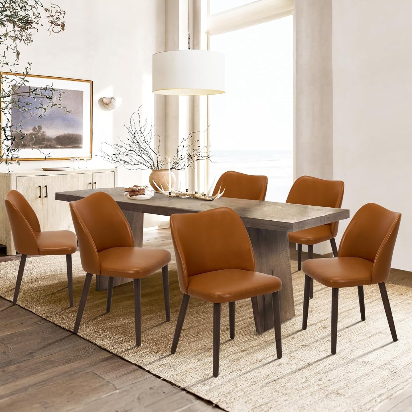COLAMY Upholstered Dining Chairs Set of 6, Modern Fabric Dining Room Kitchen Side Chair with Padded Seat and Wood Legs for Restaurant/Cafe, Beige