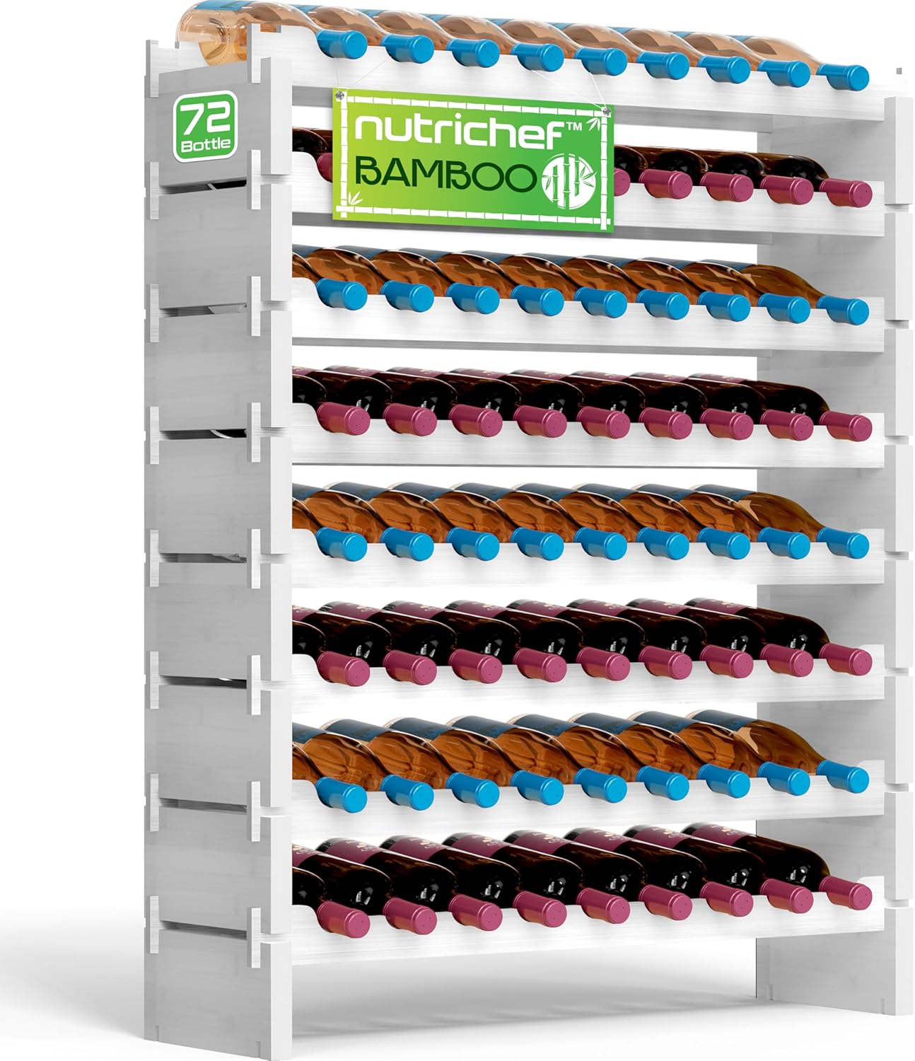 NutriChef Bamboo Stackable Wine Rack, 8-Tier 72 Bottle Capacity Wine Racks Free Standing Floor, No Tools Assembly, Modular Storage Display Shelf for Kitchen and Cellar 33.5" x 10" x 42"