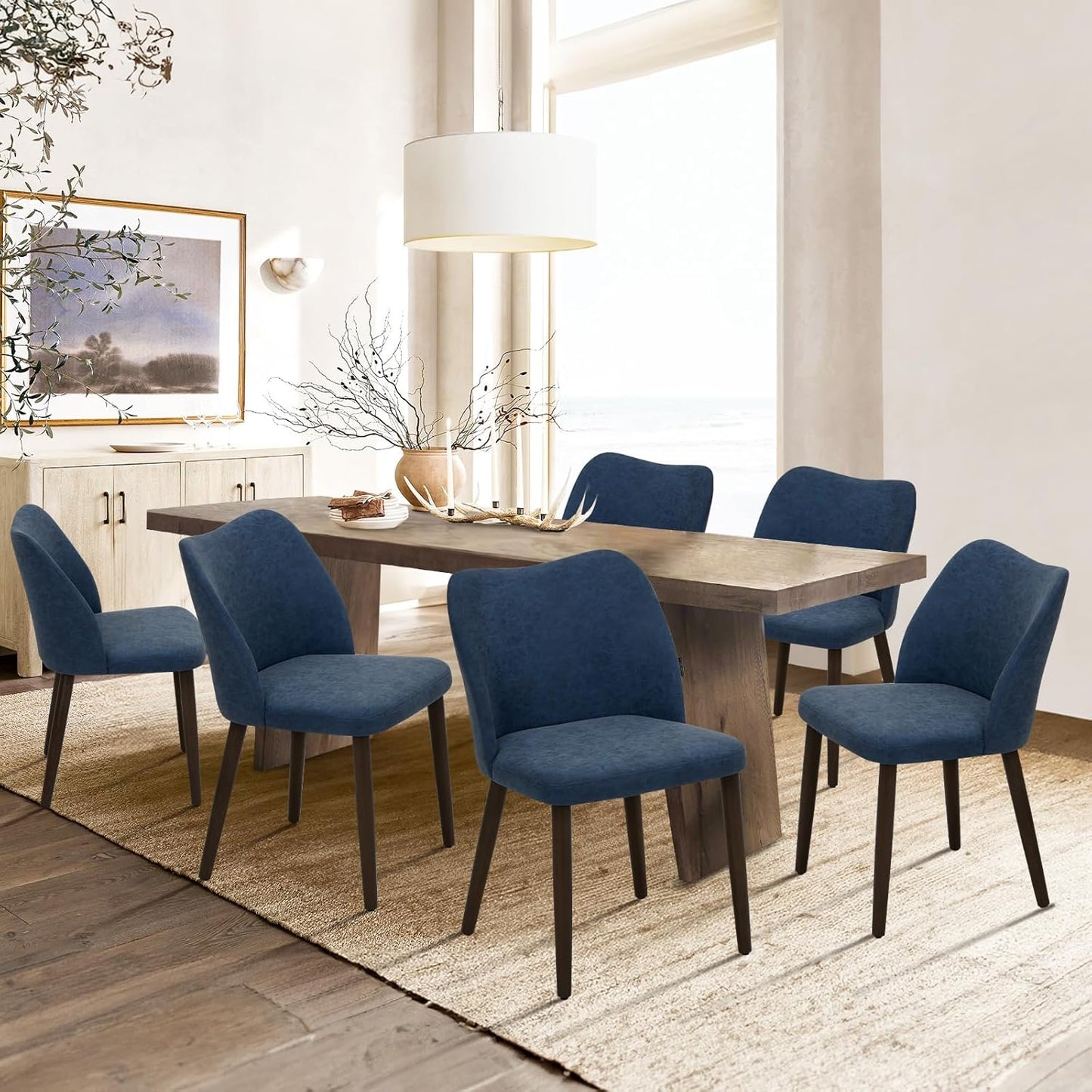 COLAMY Upholstered Dining Chairs Set of 6, Modern Fabric Dining Room Kitchen Side Chair with Padded Seat and Wood Legs for Restaurant/Cafe, Beige