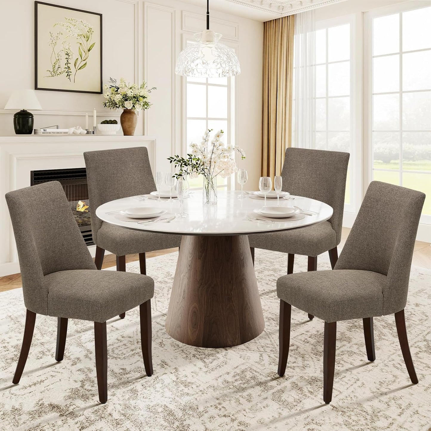 COLAMY Upholstered Dining Chairs Set of 6, Mid Century Modern Kitchen Chairs with Back, Farmhouse Fabric Side Dining Room Chairs with Wood Legs for Dining Room Restaurant, Beige