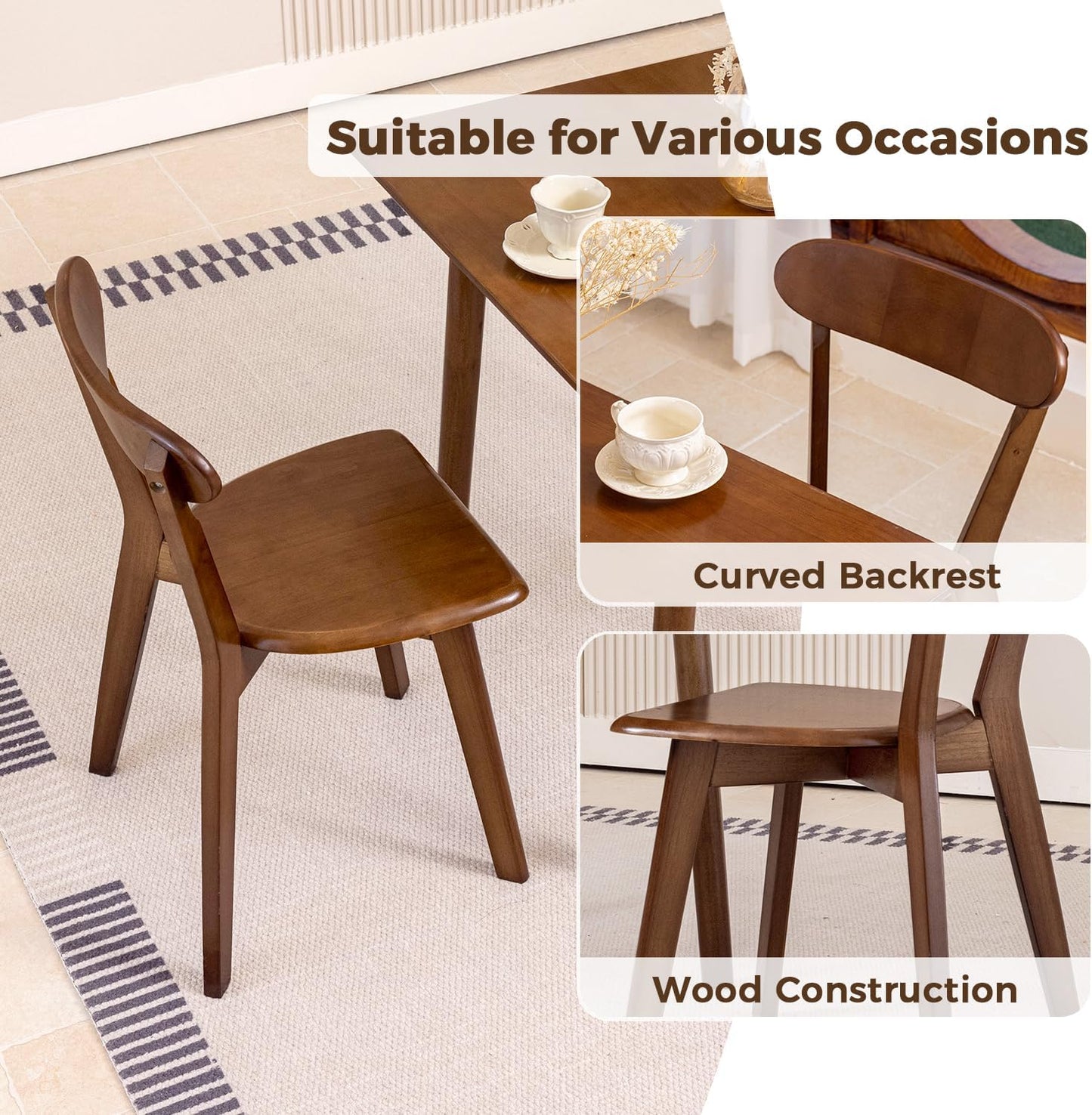 DELAVIN Soild Wood Dining Chairs Set of 6, Mid Century Oak Wood Kitchen Chairs, Vintage Dining Room Chairs Set Suitable for Kitchen, Walnut