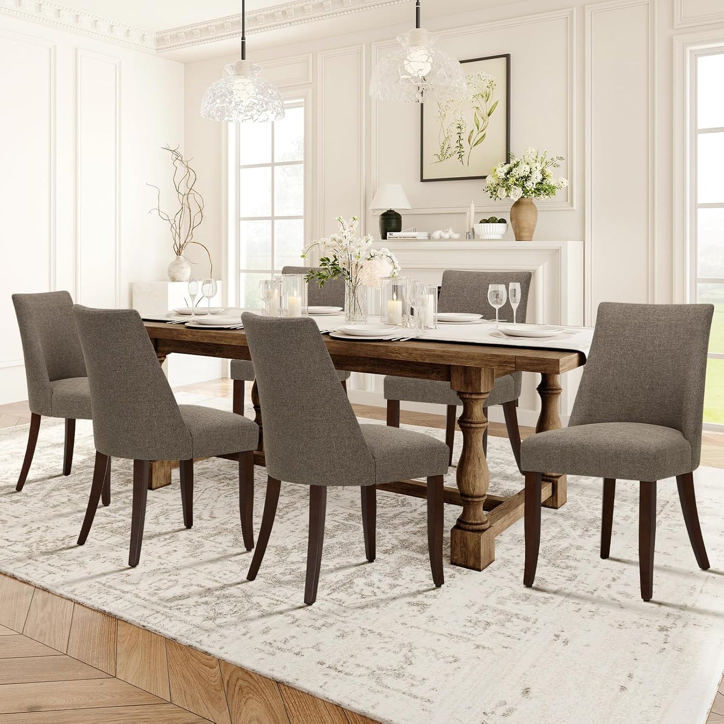 COLAMY Upholstered Dining Chairs Set of 6, Mid Century Modern Kitchen Chairs with Back, Farmhouse Fabric Side Dining Room Chairs with Wood Legs for Dining Room Restaurant, Beige