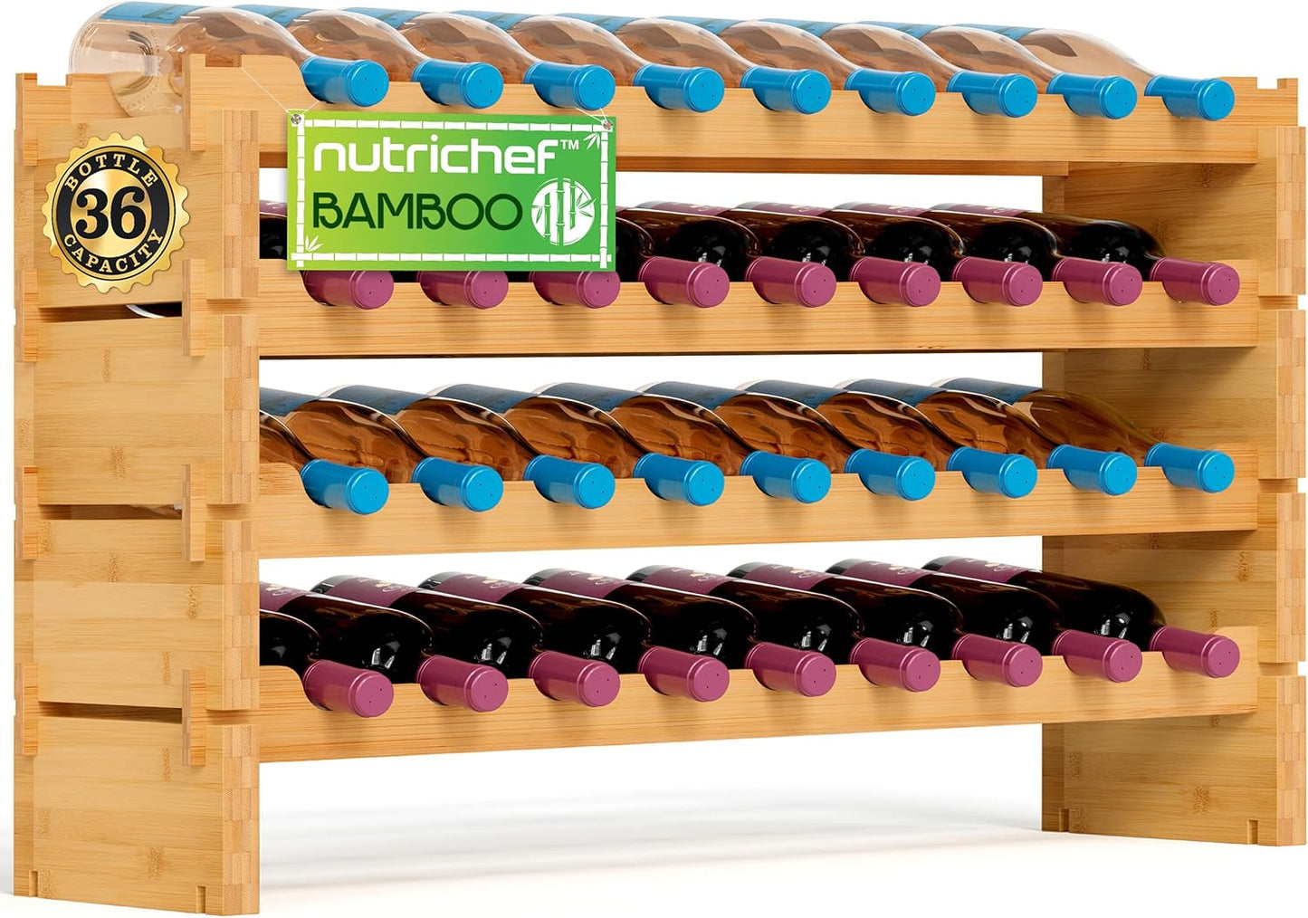 NutriChef Bamboo Stackable Wine Rack, 8-Tier 72 Bottle Capacity Wine Racks Free Standing Floor, No Tools Assembly, Modular Storage Display Shelf for Kitchen and Cellar 33.5" x 10" x 42"