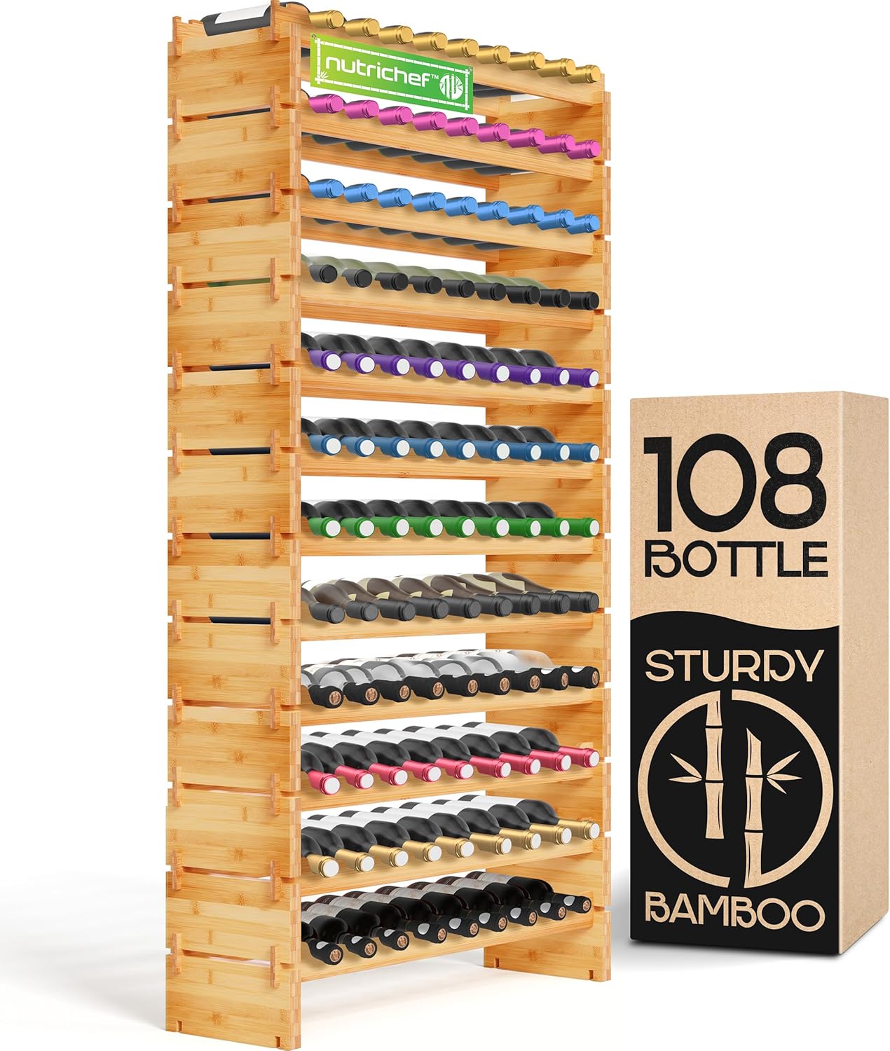 NutriChef Bamboo Stackable Wine Rack, 8-Tier 72 Bottle Capacity Wine Racks Free Standing Floor, No Tools Assembly, Modular Storage Display Shelf for Kitchen and Cellar 33.5" x 10" x 42"