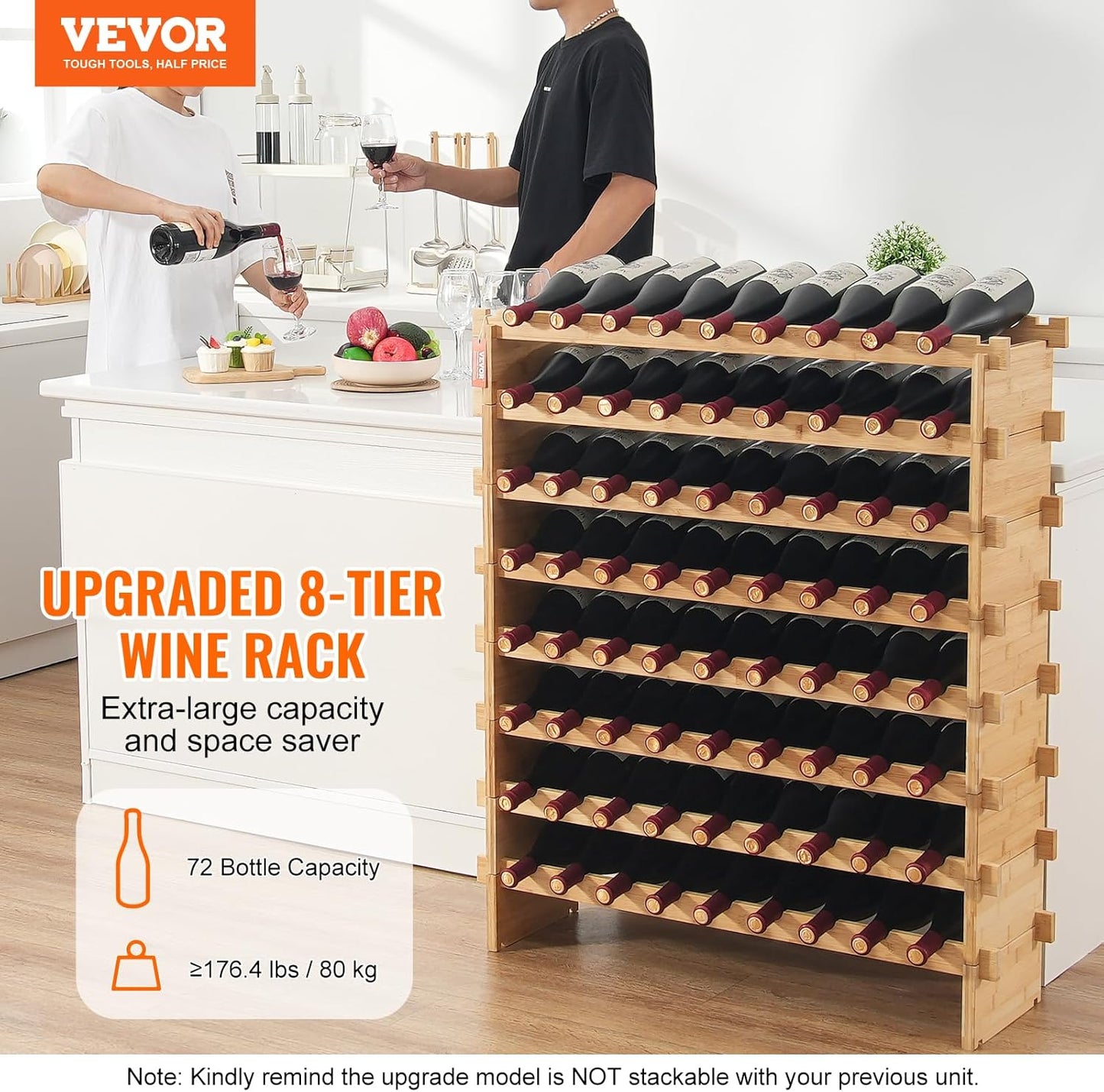 VEVOR 72 Bottle Upgrade Modular Wine Rack, Continuously Store Pinot Bottles, 8-Tier Bamboo Wood Storage Rack, Floor Freestanding Wines Holder Display Shelf, Wobble-Free Shelves for Kitchen Bar Cellar
