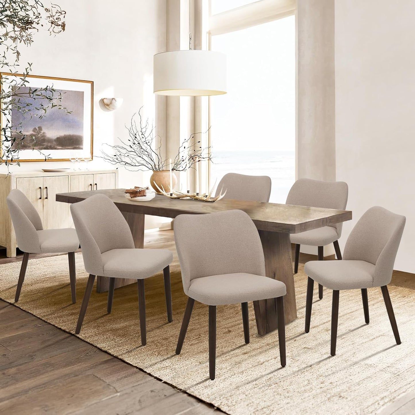 COLAMY Upholstered Dining Chairs Set of 6, Modern Fabric Dining Room Kitchen Side Chair with Padded Seat and Wood Legs for Restaurant/Cafe, Beige