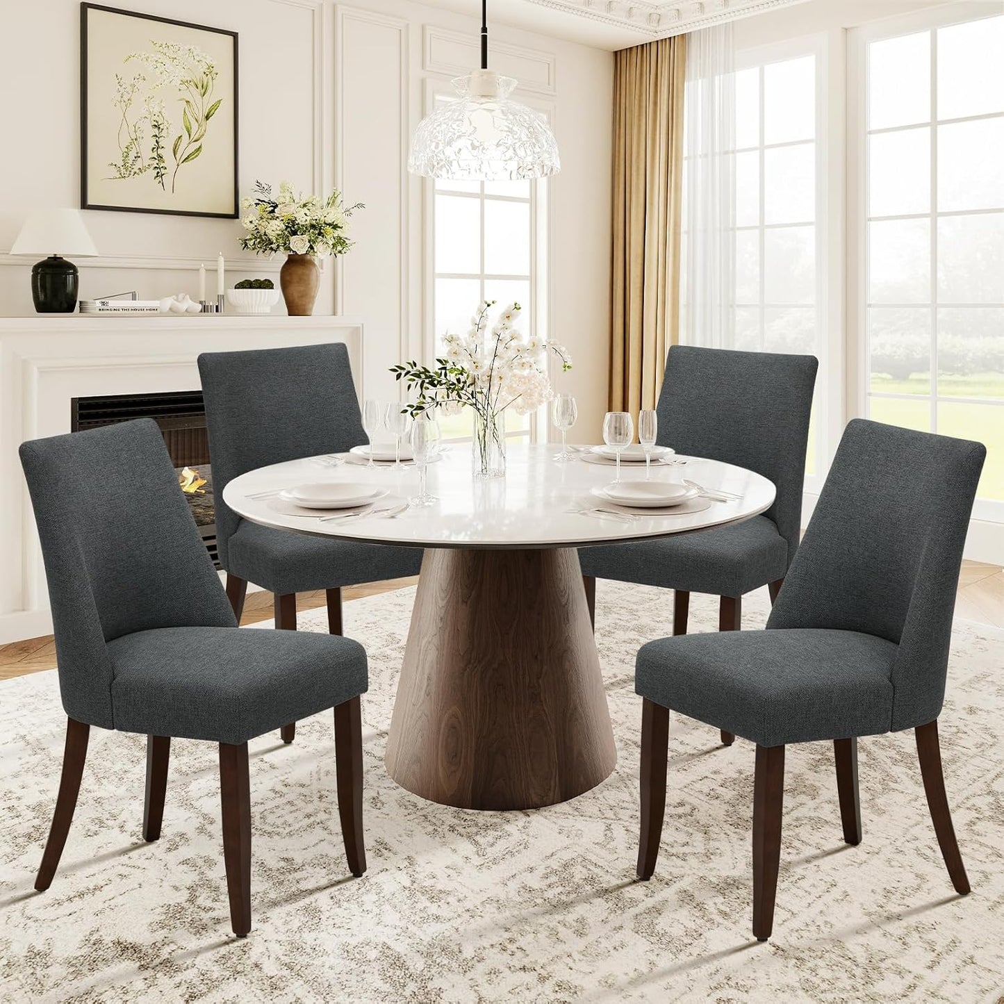 COLAMY Upholstered Dining Chairs Set of 6, Mid Century Modern Kitchen Chairs with Back, Farmhouse Fabric Side Dining Room Chairs with Wood Legs for Dining Room Restaurant, Beige