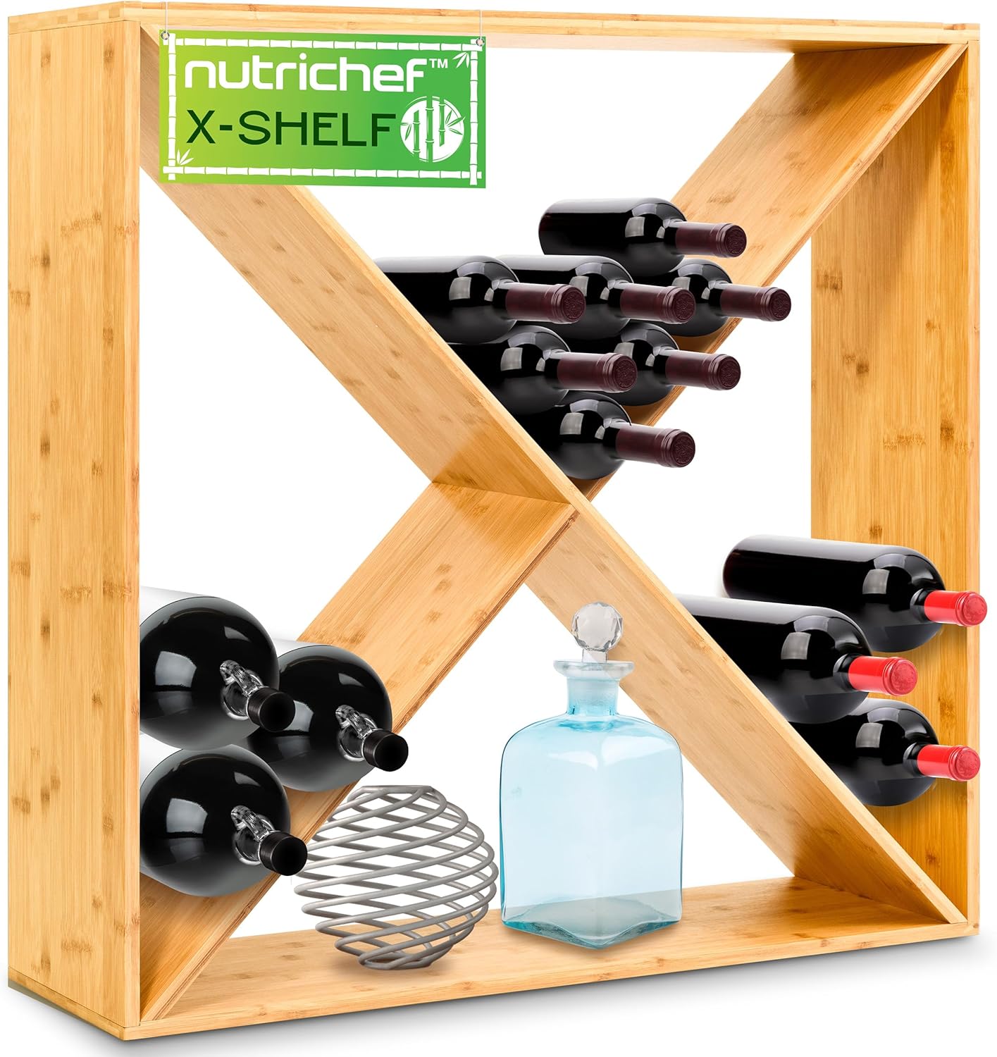 NutriChef Bamboo Stackable Wine Rack, 8-Tier 72 Bottle Capacity Wine Racks Free Standing Floor, No Tools Assembly, Modular Storage Display Shelf for Kitchen and Cellar 33.5" x 10" x 42"