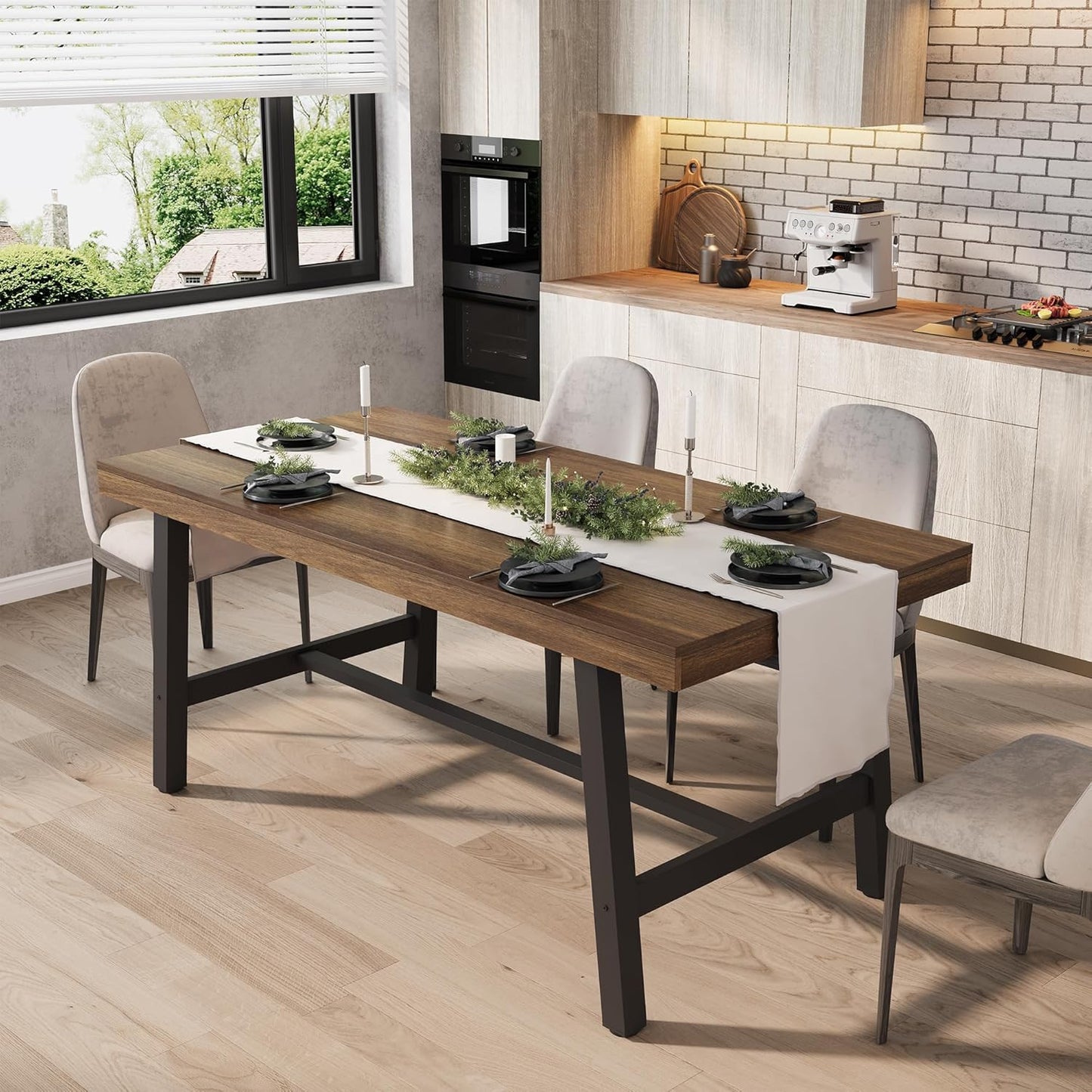 GarveeHome Industrial Dining Table for 6-8 People, 70.87" Long Wooden Kitchen Table with Sturdy Metal Frame & Rustic Brown Finish (Brown, 70.87" Long)
