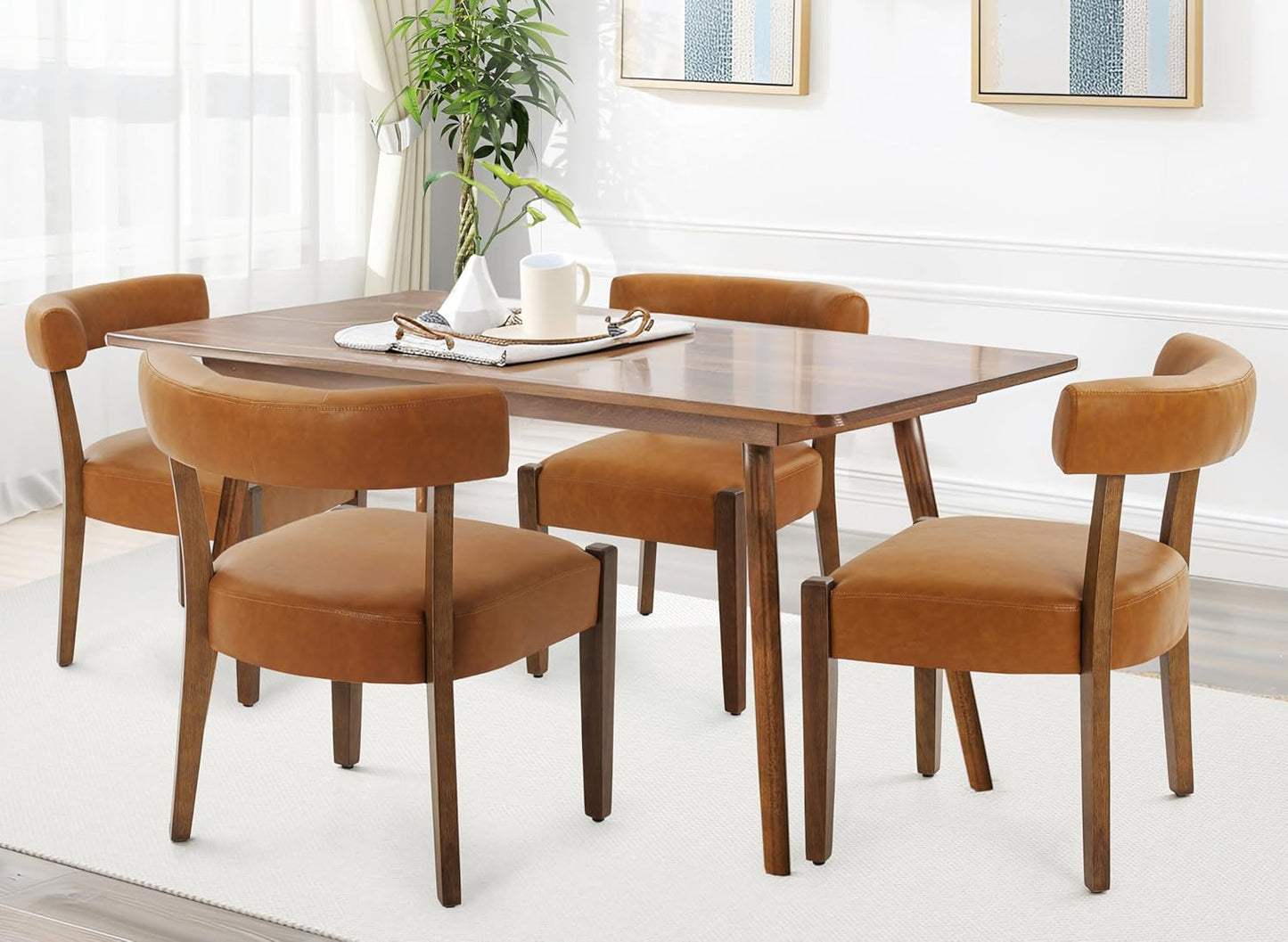 Faux Leather Dining Chairs Set of 4 Upholstered Kitchen & Dining Room Wooden Chairs Mid Century Modern Dining Chairs Low Back, Beige