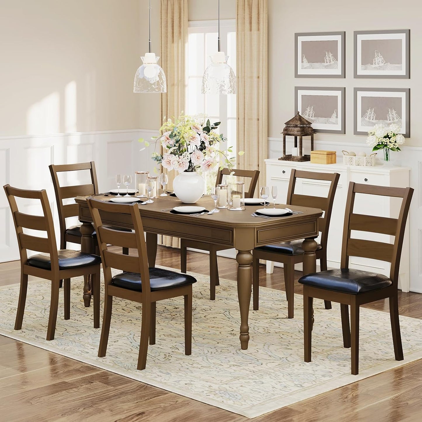 COLAMY Upholstered Dining Chairs Set of 6, Mid Century Modern Kitchen Chairs with Back, Farmhouse Fabric Side Dining Room Chairs with Wood Legs for Dining Room Restaurant, Beige