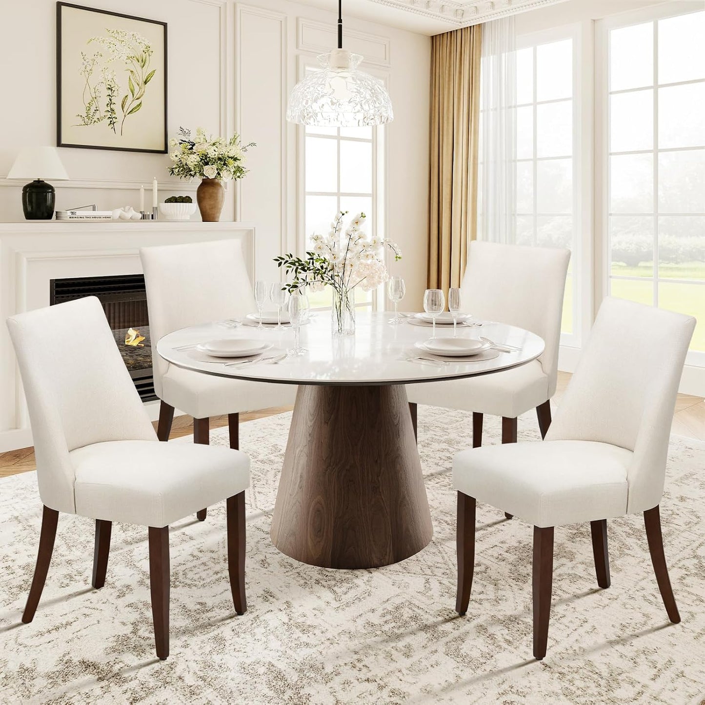 COLAMY Upholstered Dining Chairs Set of 6, Mid Century Modern Kitchen Chairs with Back, Farmhouse Fabric Side Dining Room Chairs with Wood Legs for Dining Room Restaurant, Beige