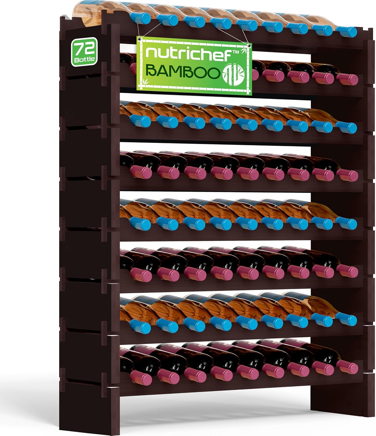 NutriChef Bamboo Stackable Wine Rack, 8-Tier 72 Bottle Capacity Wine Racks Free Standing Floor, No Tools Assembly, Modular Storage Display Shelf for Kitchen and Cellar 33.5" x 10" x 42"