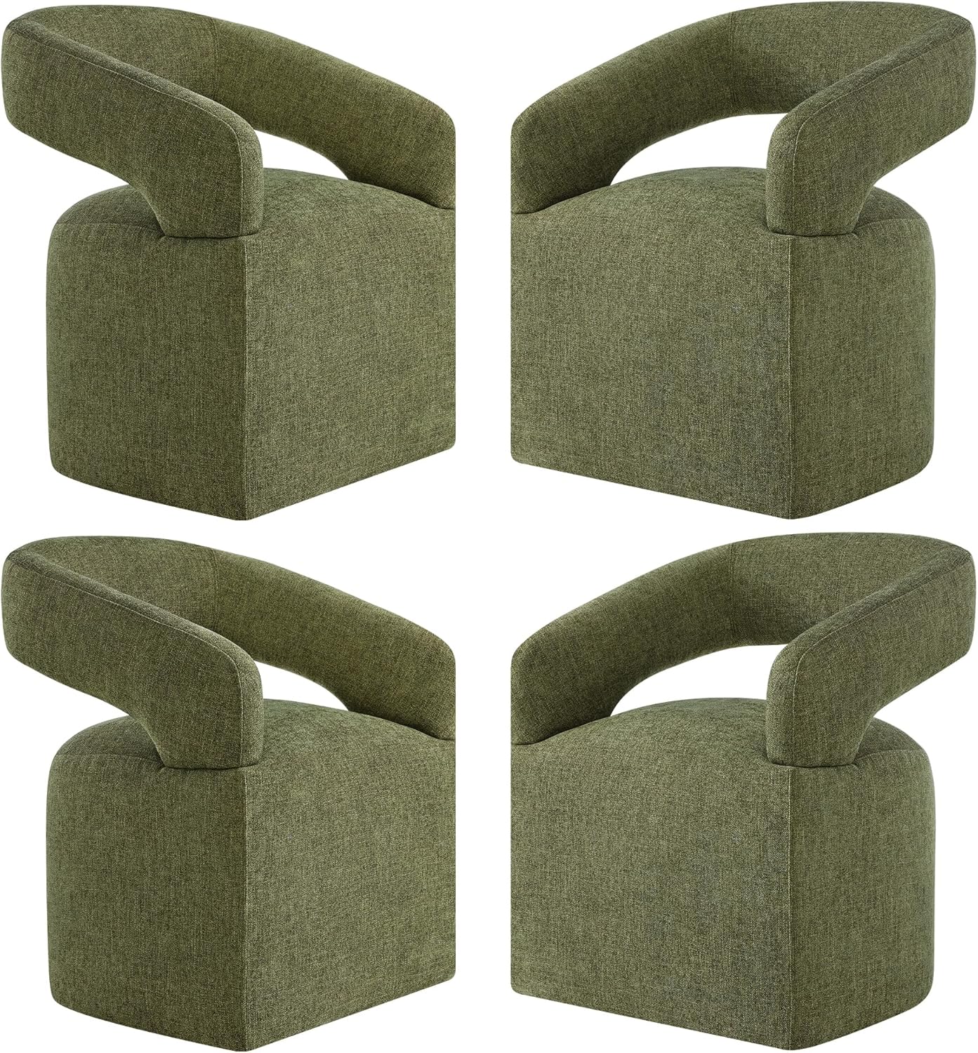 Upholstered Dining Chairs with Casters Modern Barrel Side Armchair with Rollers for Diningroom Bedroom Livingroom Reading Room, Linen, 4PCS