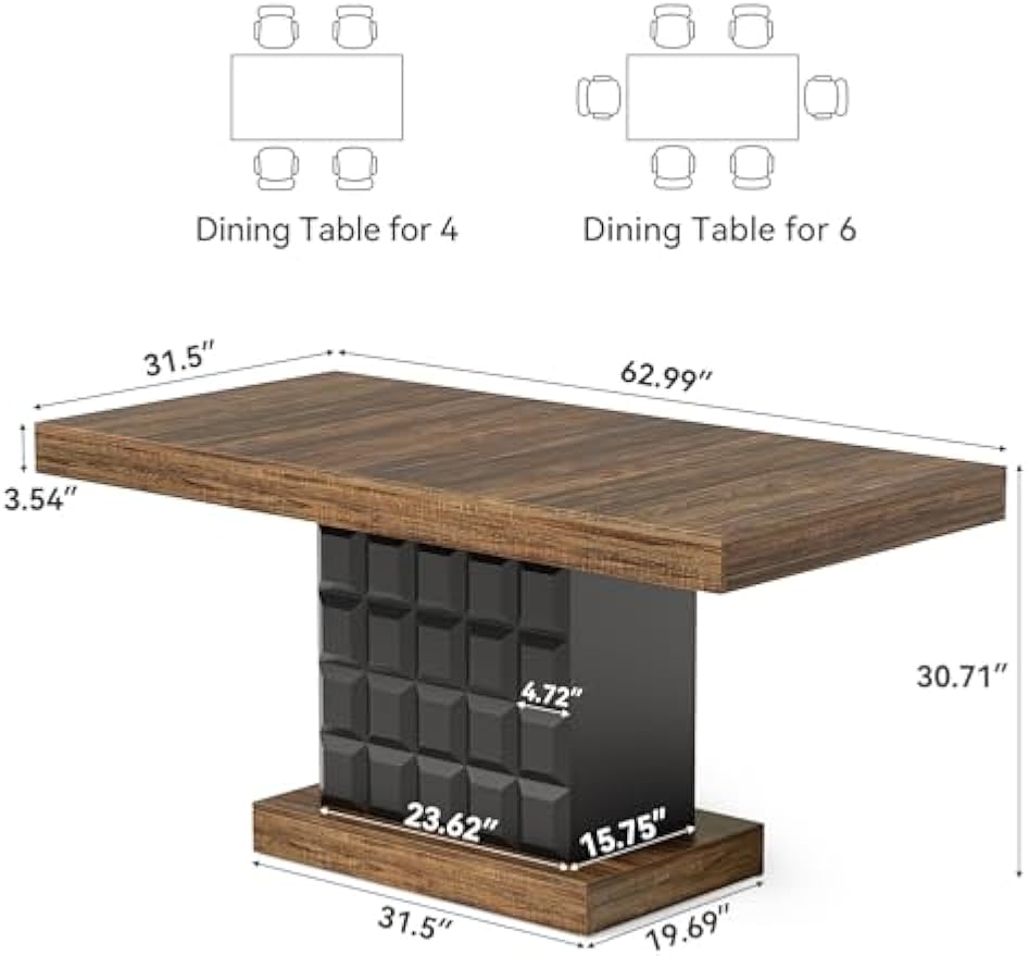LITTLE TREE 63" Modern Dining Table, Rectangular Dinner Table for 4-6, Farmhouse Kitchen Table, Sturdy Wood Pedestal Base for Kitchen/Dining Room, Rustic Brown & Black
