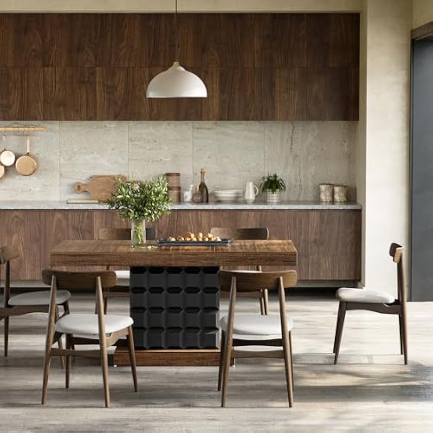 LITTLE TREE 63" Modern Dining Table, Rectangular Dinner Table for 4-6, Farmhouse Kitchen Table, Sturdy Wood Pedestal Base for Kitchen/Dining Room, Rustic Brown & Black
