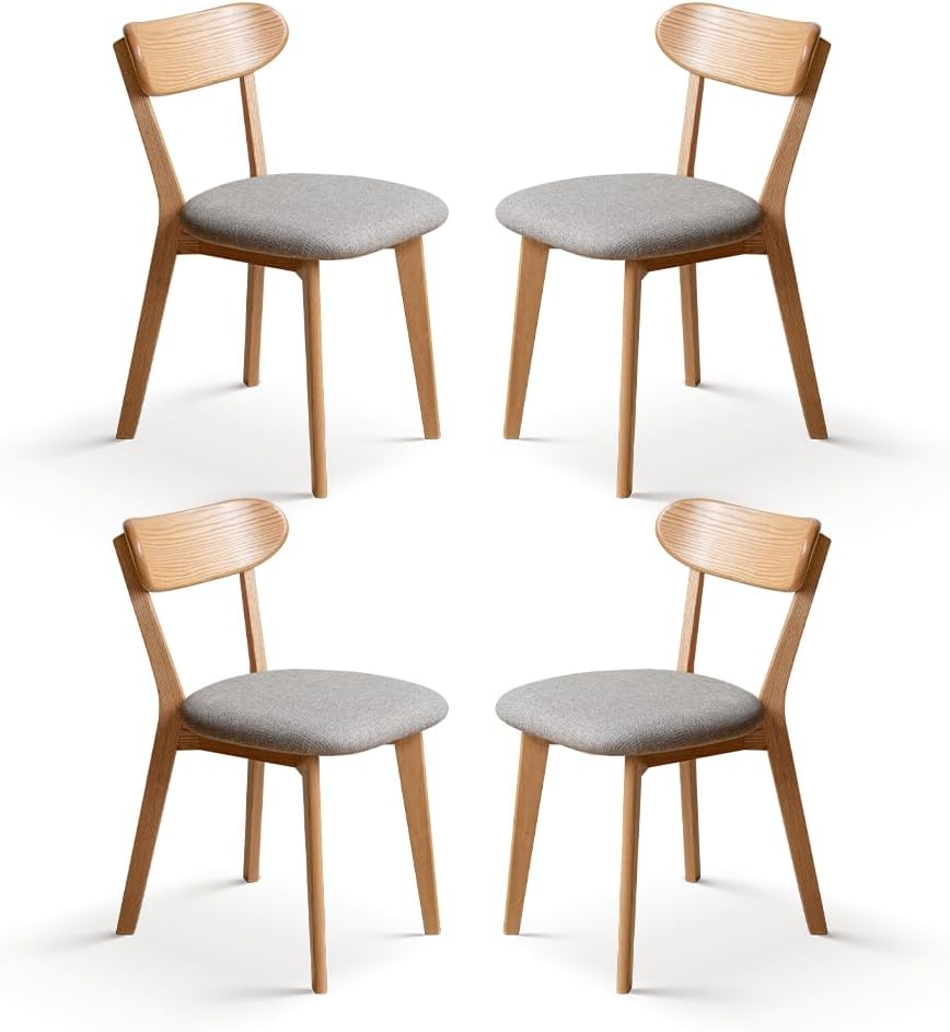 100% Solid Oak Dining Chairs, Mid Century Modern Dining Chair with Curved Backrest, Fabric Upholstered Dining Chairs for Kitchen, Study, Living Room (4, Original Wood-Pear White Cushion)