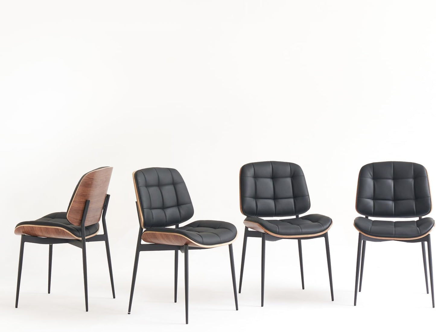 Mid Century Modern Dining Chairs with Walnut Grain Back, Brown Faux Leather Dining Room Chairs Set of 4, Checkered Soft Cushion Kitchen Chairs with Adjustable Foot Pads