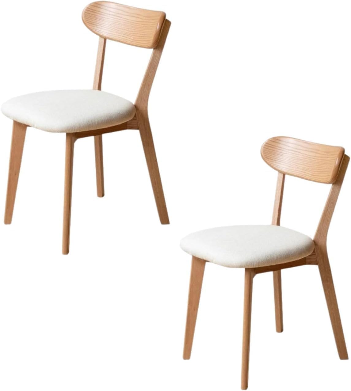 100% Solid Oak Dining Chairs, Mid Century Modern Dining Chair with Curved Backrest, Fabric Upholstered Dining Chairs for Kitchen, Study, Living Room (4, Original Wood-Pear White Cushion)