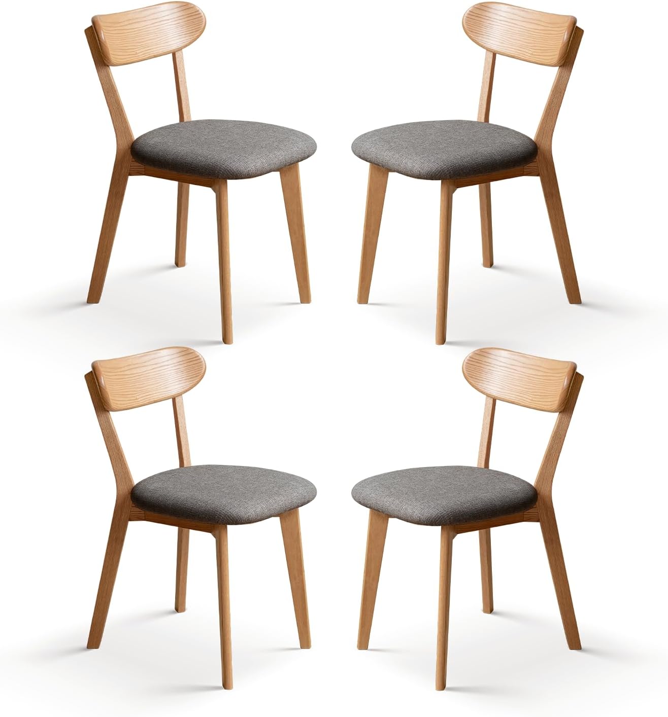 100% Solid Oak Dining Chairs, Mid Century Modern Dining Chair with Curved Backrest, Fabric Upholstered Dining Chairs for Kitchen, Study, Living Room (4, Original Wood-Pear White Cushion)