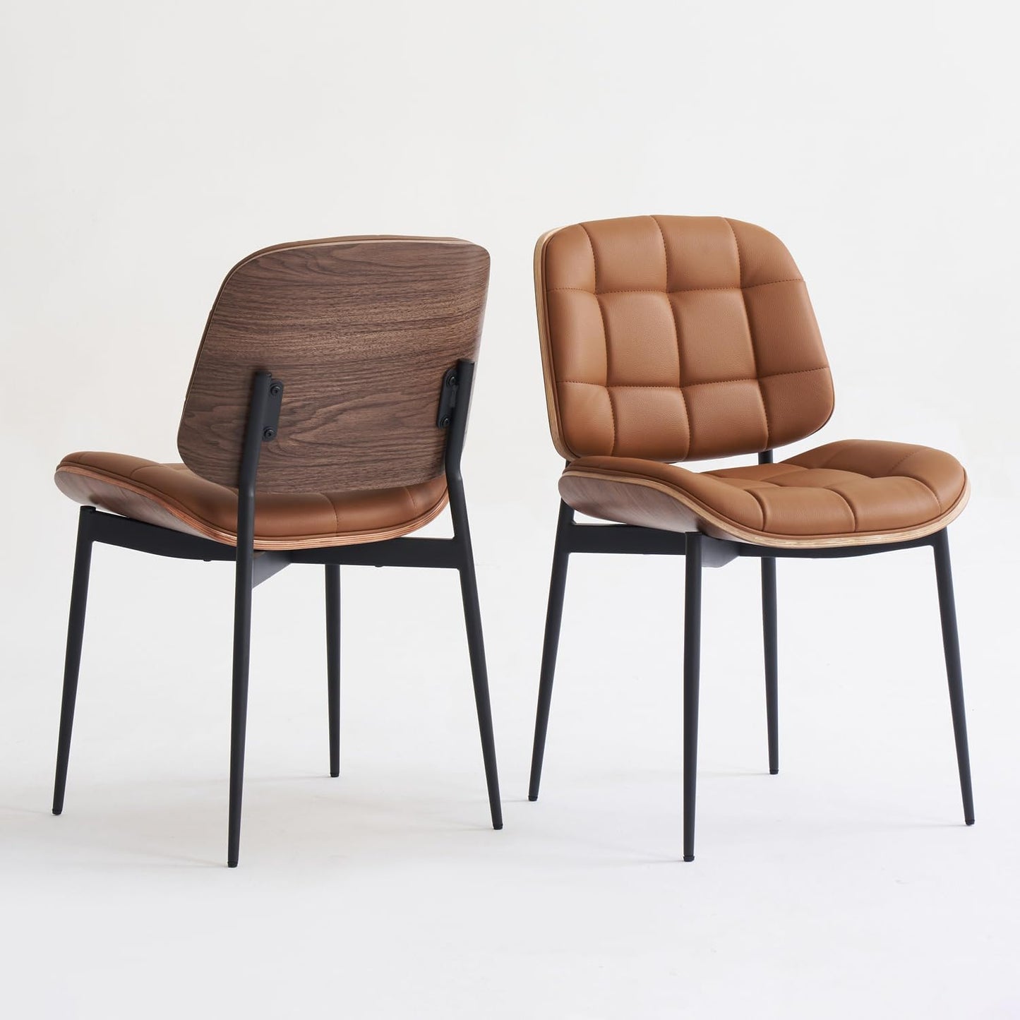 Mid Century Modern Dining Chairs with Walnut Grain Back, Brown Faux Leather Dining Room Chairs Set of 4, Checkered Soft Cushion Kitchen Chairs with Adjustable Foot Pads