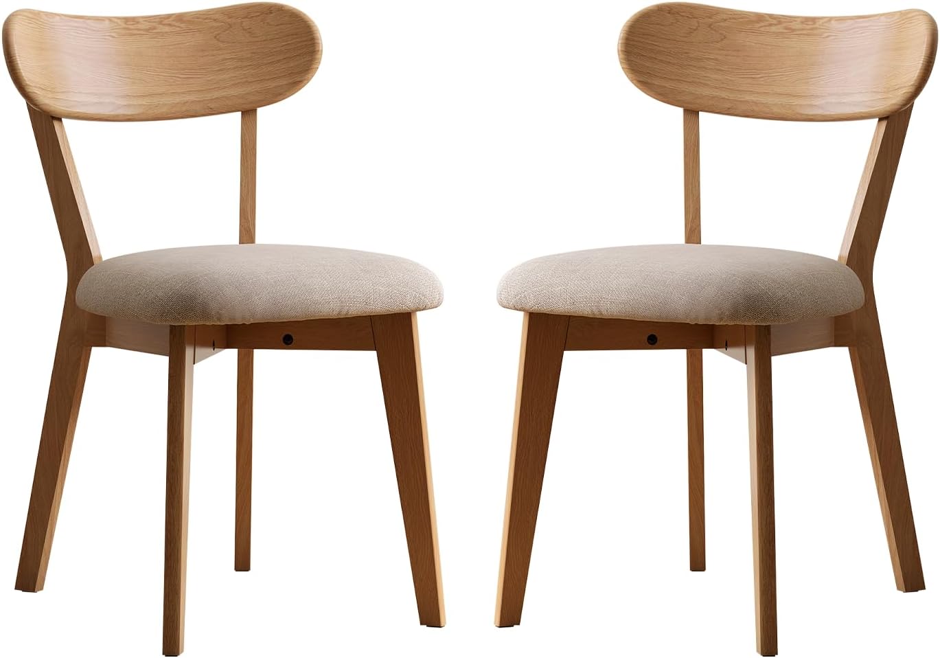 100% Solid Oak Dining Chairs, Mid Century Modern Dining Chair with Curved Backrest, Fabric Upholstered Dining Chairs for Kitchen, Study, Living Room (4, Original Wood-Pear White Cushion)