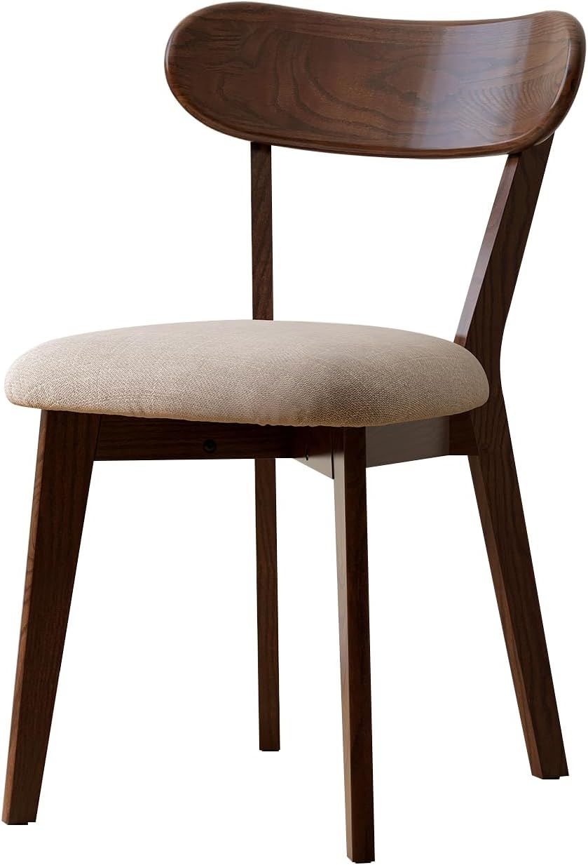 100% Solid Oak Dining Chairs, Mid Century Modern Dining Chair with Curved Backrest, Fabric Upholstered Dining Chairs for Kitchen, Study, Living Room (4, Original Wood-Pear White Cushion)