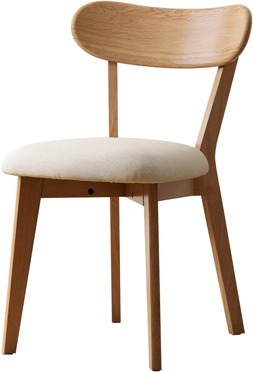 100% Solid Oak Dining Chairs, Mid Century Modern Dining Chair with Curved Backrest, Fabric Upholstered Dining Chairs for Kitchen, Study, Living Room (4, Original Wood-Pear White Cushion)