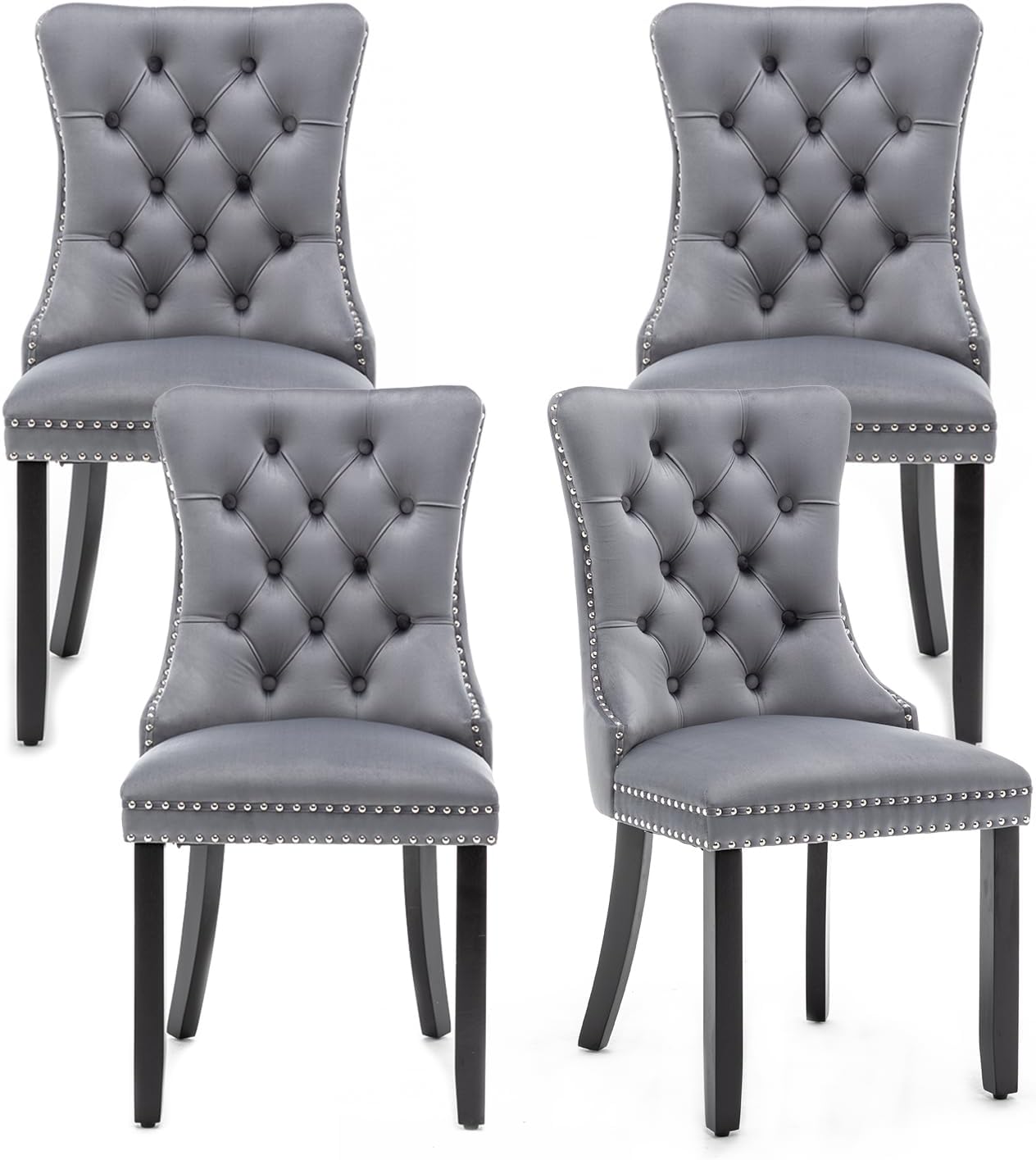 Velvet Dining Chairs Set of 6,Upholstered Dining Chairs with Ring Pull Trim and Button Back,Modern Seating for Kitchen, Bedroom & Living Room(Grey)