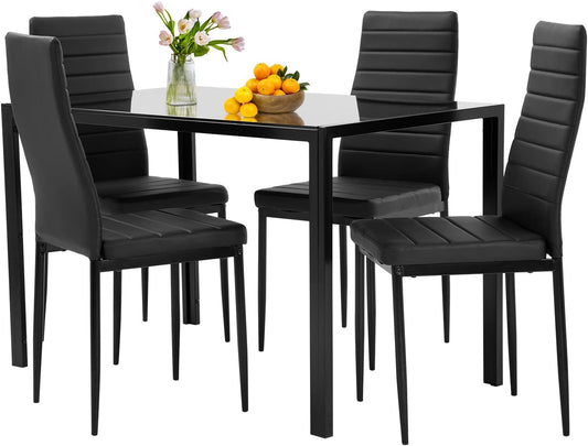 FDW | 5-Piece Dining Table Set | Glass Kitchen Table with 4 Upholstered Chairs | Space-Saving Design | Faux Leather Cushions | Modern Rectangular Table | Black | for Dining Room, Small Spaces