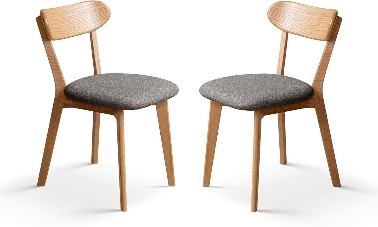 100% Solid Oak Dining Chairs, Mid Century Modern Dining Chair with Curved Backrest, Fabric Upholstered Dining Chairs for Kitchen, Study, Living Room (4, Original Wood-Pear White Cushion)