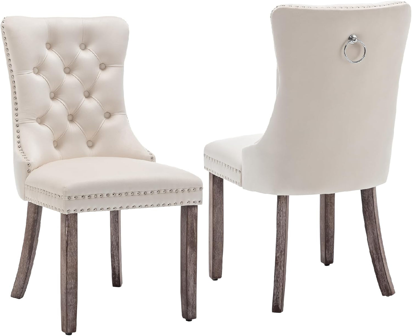 Kiztir Leather Dining Chairs Set of 6, Upholstered Dining Room Chair with Nailhead Trim and Solid Wood Legs, Luxury Wingback Dining Side Chair for Living Room, Bedroom, Kitchen (Beige)