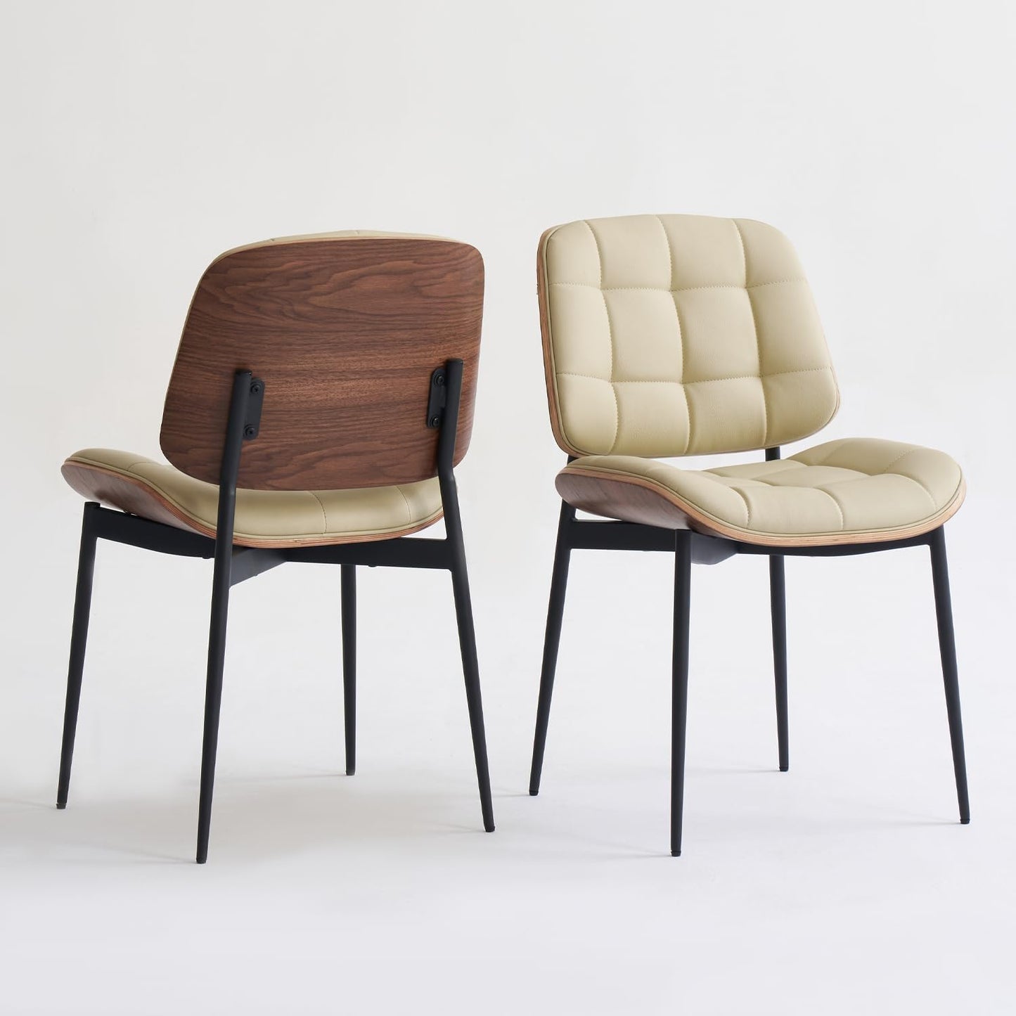 Mid Century Modern Dining Chairs with Walnut Grain Back, Brown Faux Leather Dining Room Chairs Set of 4, Checkered Soft Cushion Kitchen Chairs with Adjustable Foot Pads