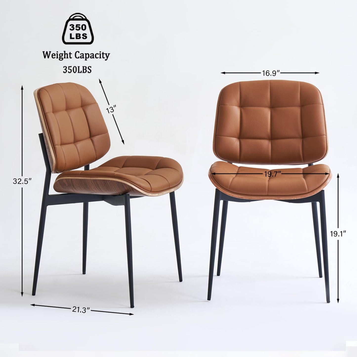 Mid Century Modern Dining Chairs with Walnut Grain Back, Brown Faux Leather Dining Room Chairs Set of 4, Checkered Soft Cushion Kitchen Chairs with Adjustable Foot Pads