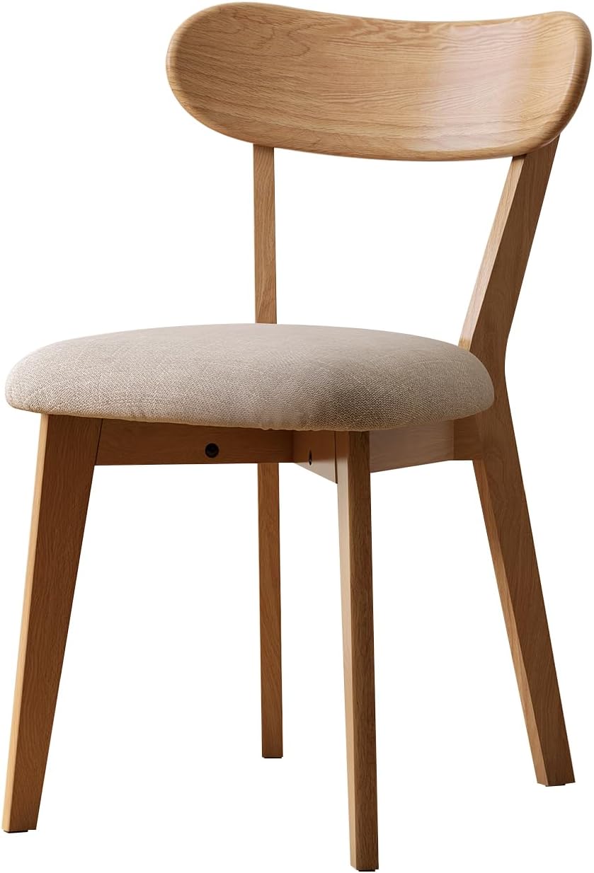 100% Solid Oak Dining Chairs, Mid Century Modern Dining Chair with Curved Backrest, Fabric Upholstered Dining Chairs for Kitchen, Study, Living Room (4, Original Wood-Pear White Cushion)