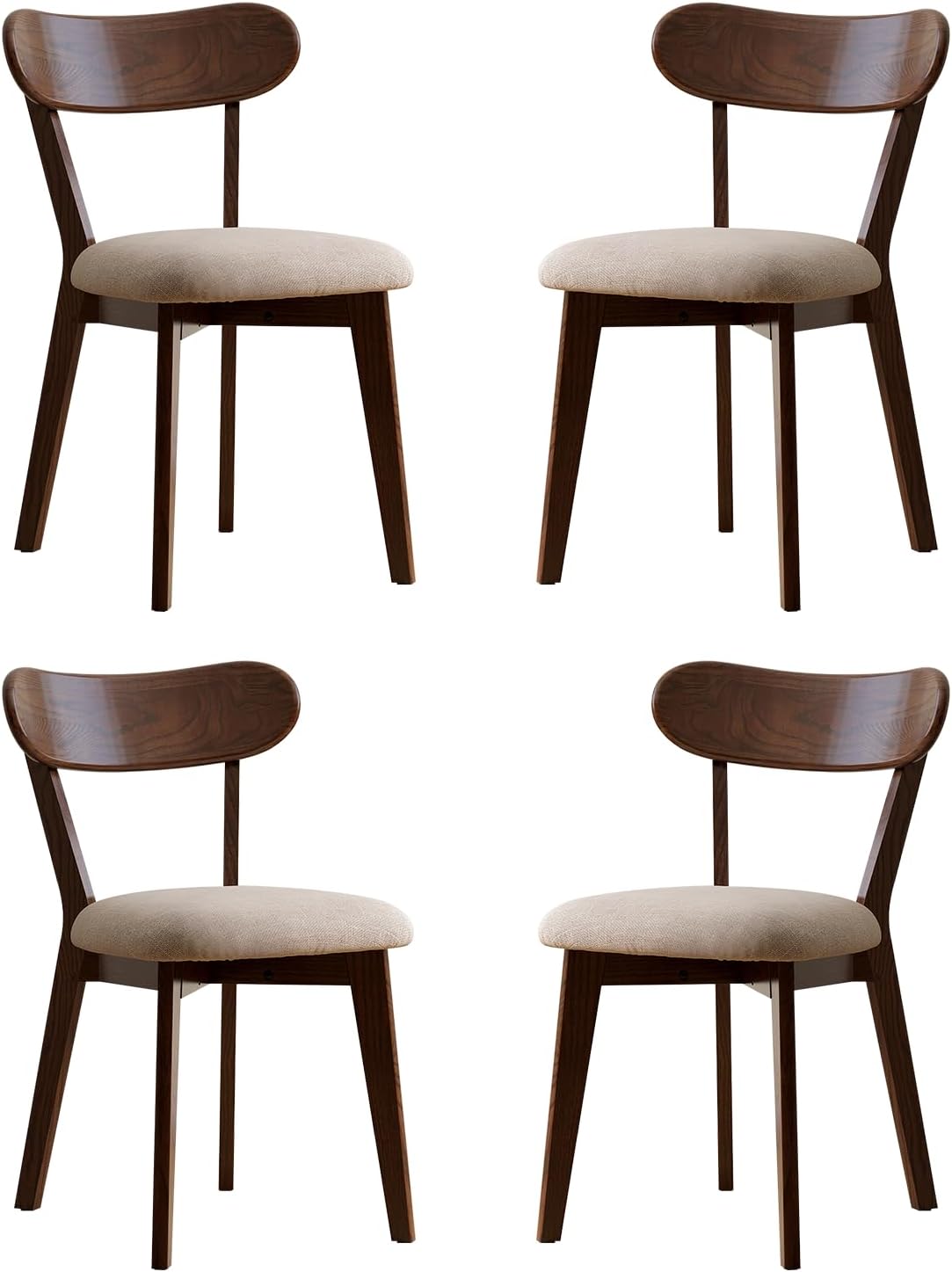 100% Solid Oak Dining Chairs, Mid Century Modern Dining Chair with Curved Backrest, Fabric Upholstered Dining Chairs for Kitchen, Study, Living Room (4, Original Wood-Pear White Cushion)