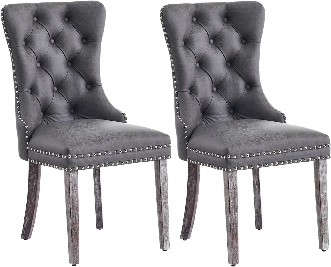 Kiztir Leather Dining Chairs Set of 6, Upholstered Dining Room Chair with Nailhead Trim and Solid Wood Legs, Luxury Wingback Dining Side Chair for Living Room, Bedroom, Kitchen (Beige)
