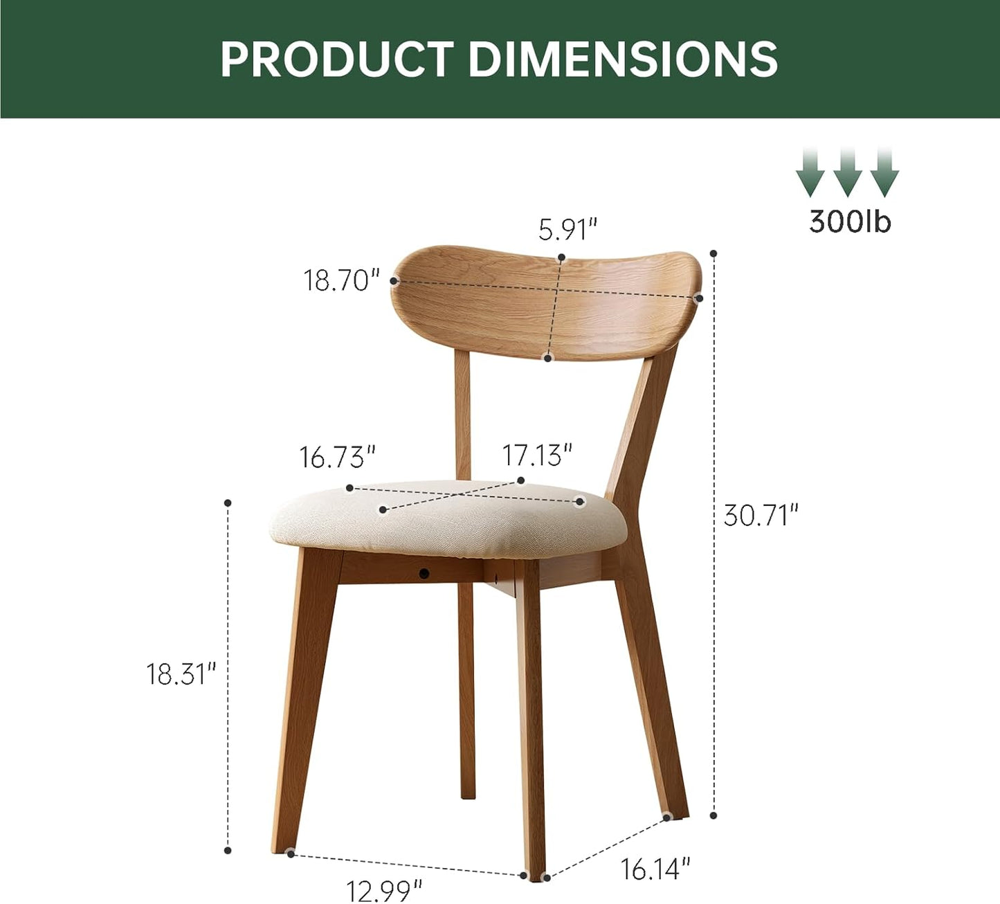 100% Solid Oak Dining Chairs, Mid Century Modern Dining Chair with Curved Backrest, Fabric Upholstered Dining Chairs for Kitchen, Study, Living Room (4, Original Wood-Pear White Cushion)