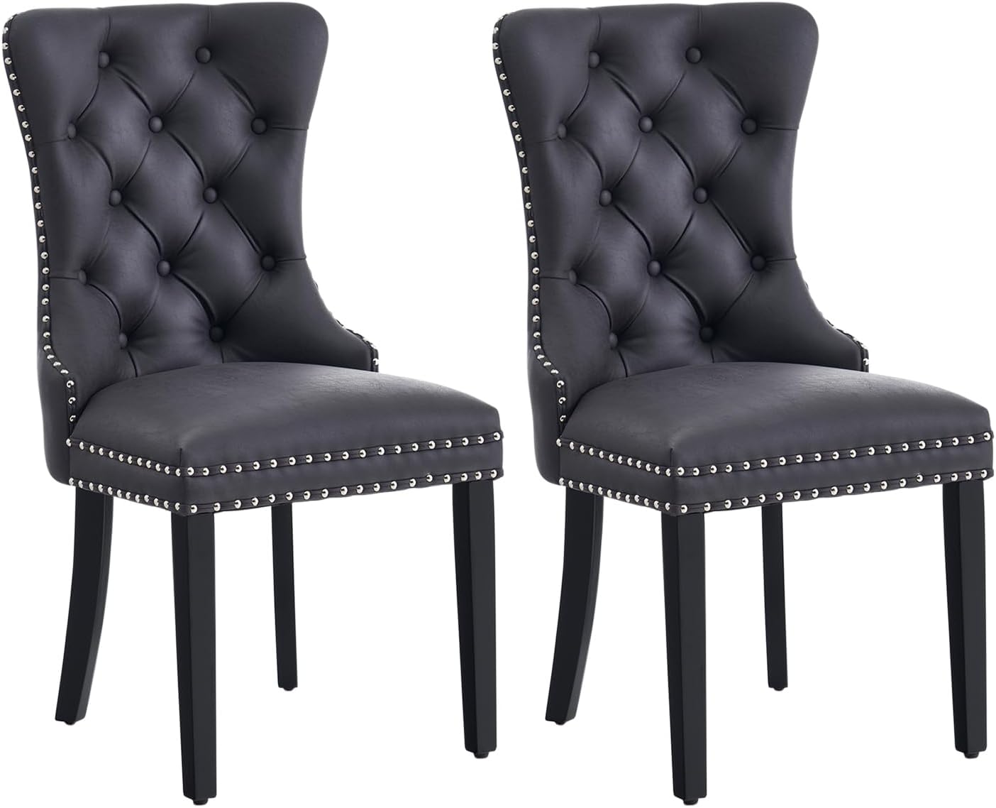 Kiztir Leather Dining Chairs Set of 6, Upholstered Dining Room Chair with Nailhead Trim and Solid Wood Legs, Luxury Wingback Dining Side Chair for Living Room, Bedroom, Kitchen (Beige)