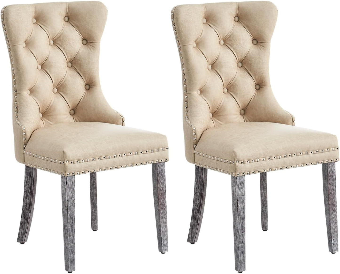 Kiztir Leather Dining Chairs Set of 6, Upholstered Dining Room Chair with Nailhead Trim and Solid Wood Legs, Luxury Wingback Dining Side Chair for Living Room, Bedroom, Kitchen (Beige)
