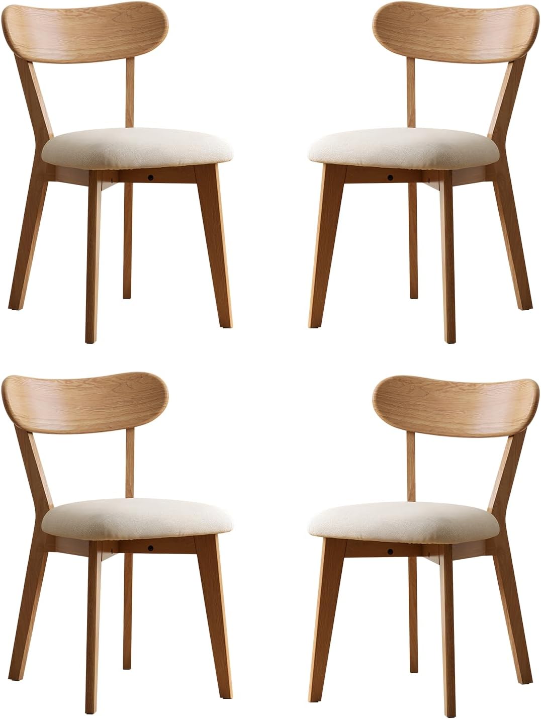 100% Solid Oak Dining Chairs, Mid Century Modern Dining Chair with Curved Backrest, Fabric Upholstered Dining Chairs for Kitchen, Study, Living Room (4, Original Wood-Pear White Cushion)