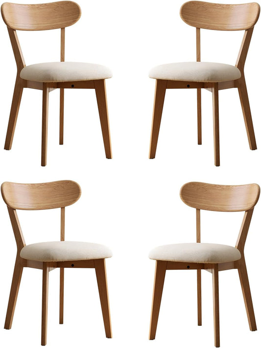 100% Solid Oak Dining Chairs, Mid Century Modern Dining Chair with Curved Backrest, Fabric Upholstered Dining Chairs for Kitchen, Study, Living Room (4, Original Wood-Pear White Cushion)